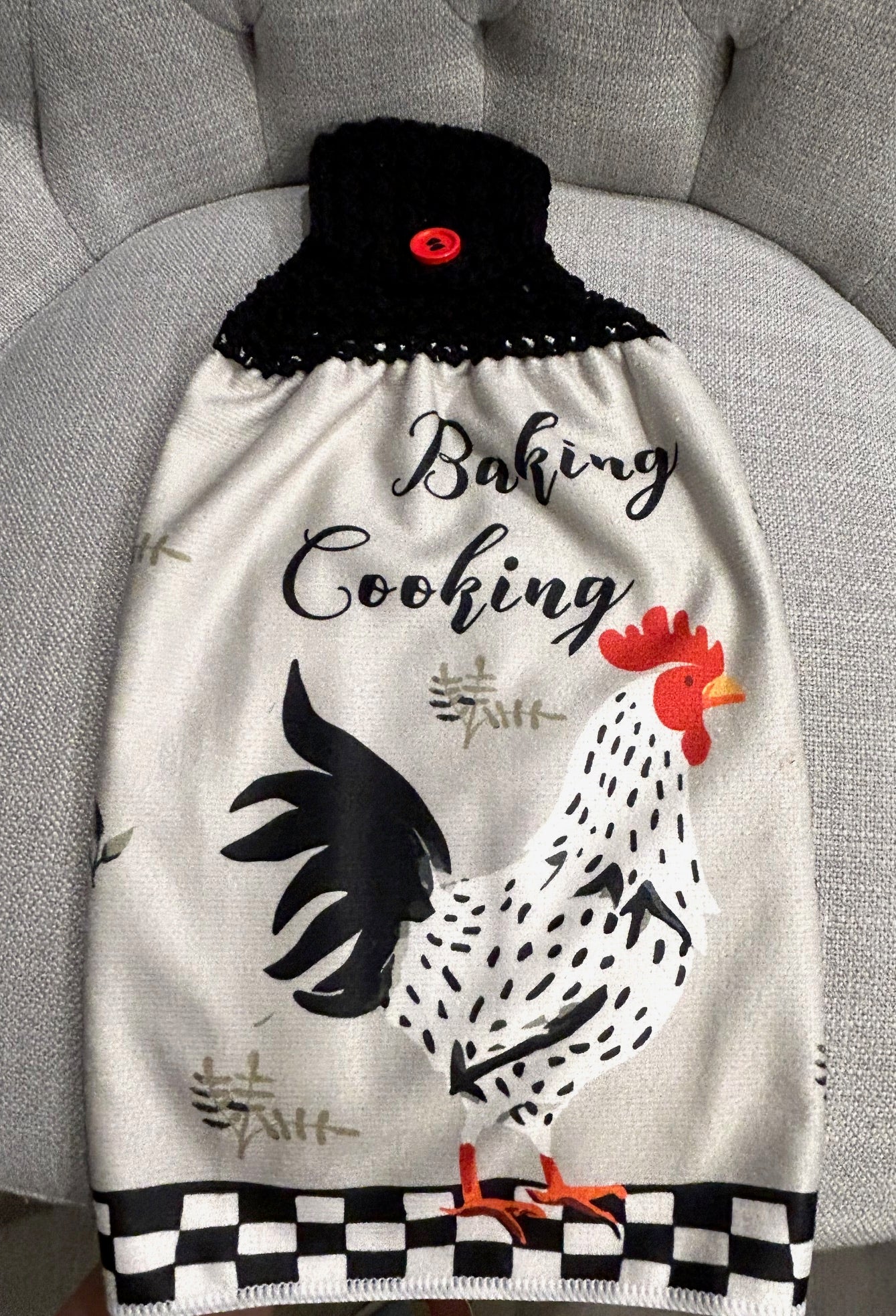 Crocheted top | Kitchen towel | Black and White Chicken Hen collection | YOUR CHOICE
