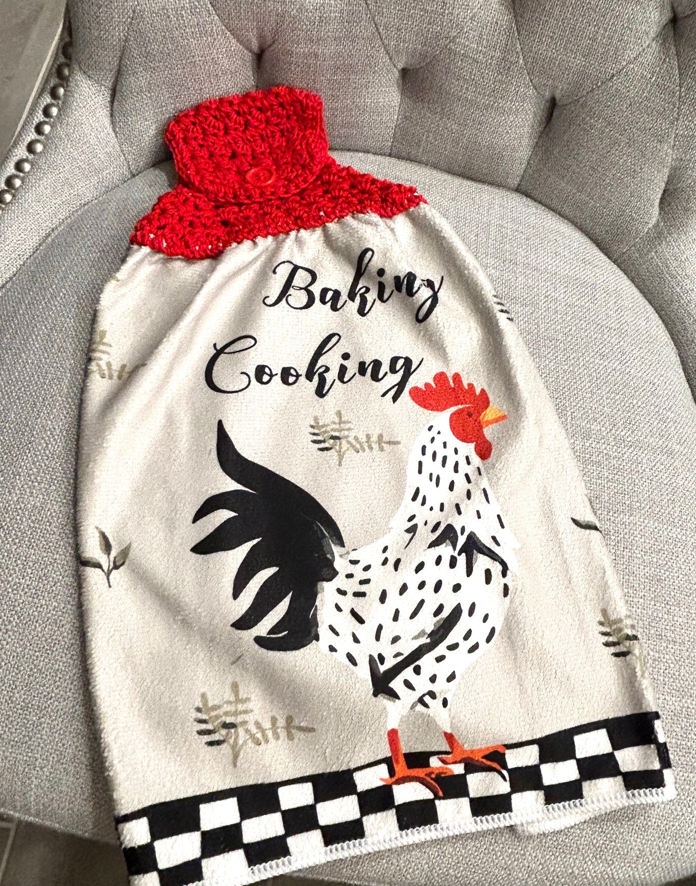 Crocheted top | Kitchen towel | Black and White Chicken Hen collection | YOUR CHOICE