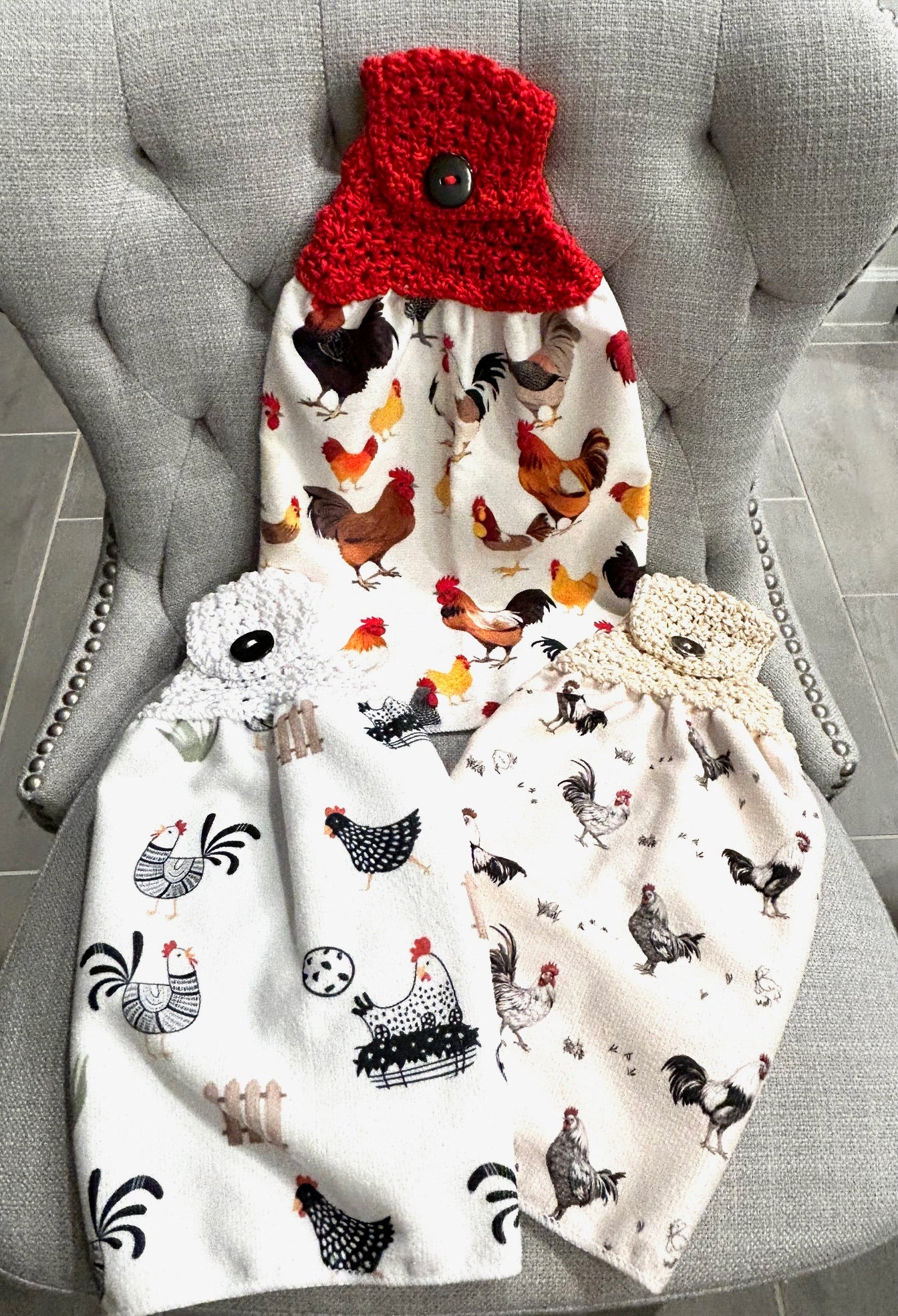 Crocheted top | Kitchen towel | Chicken Hen collection | Bright colors