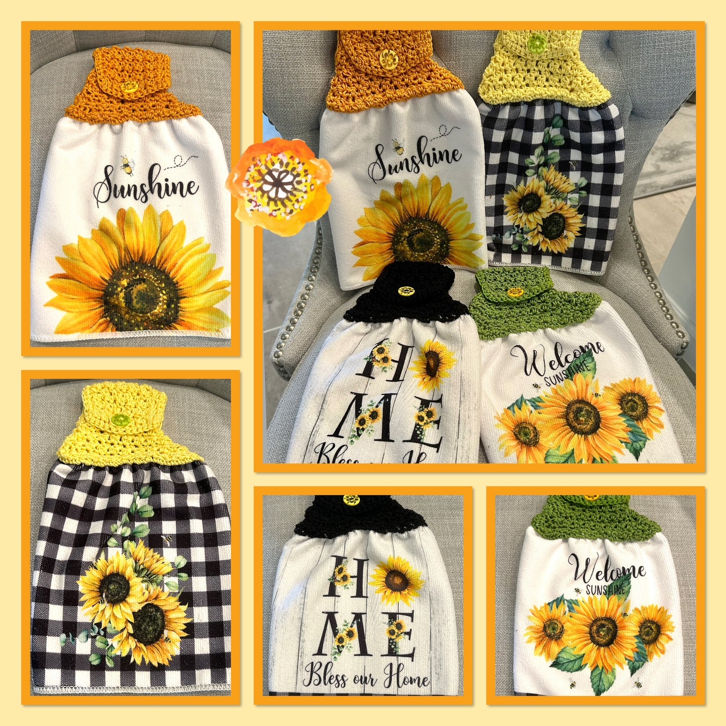 Crocheted top kitchen towels  Spring SUNFLOWERS Bees