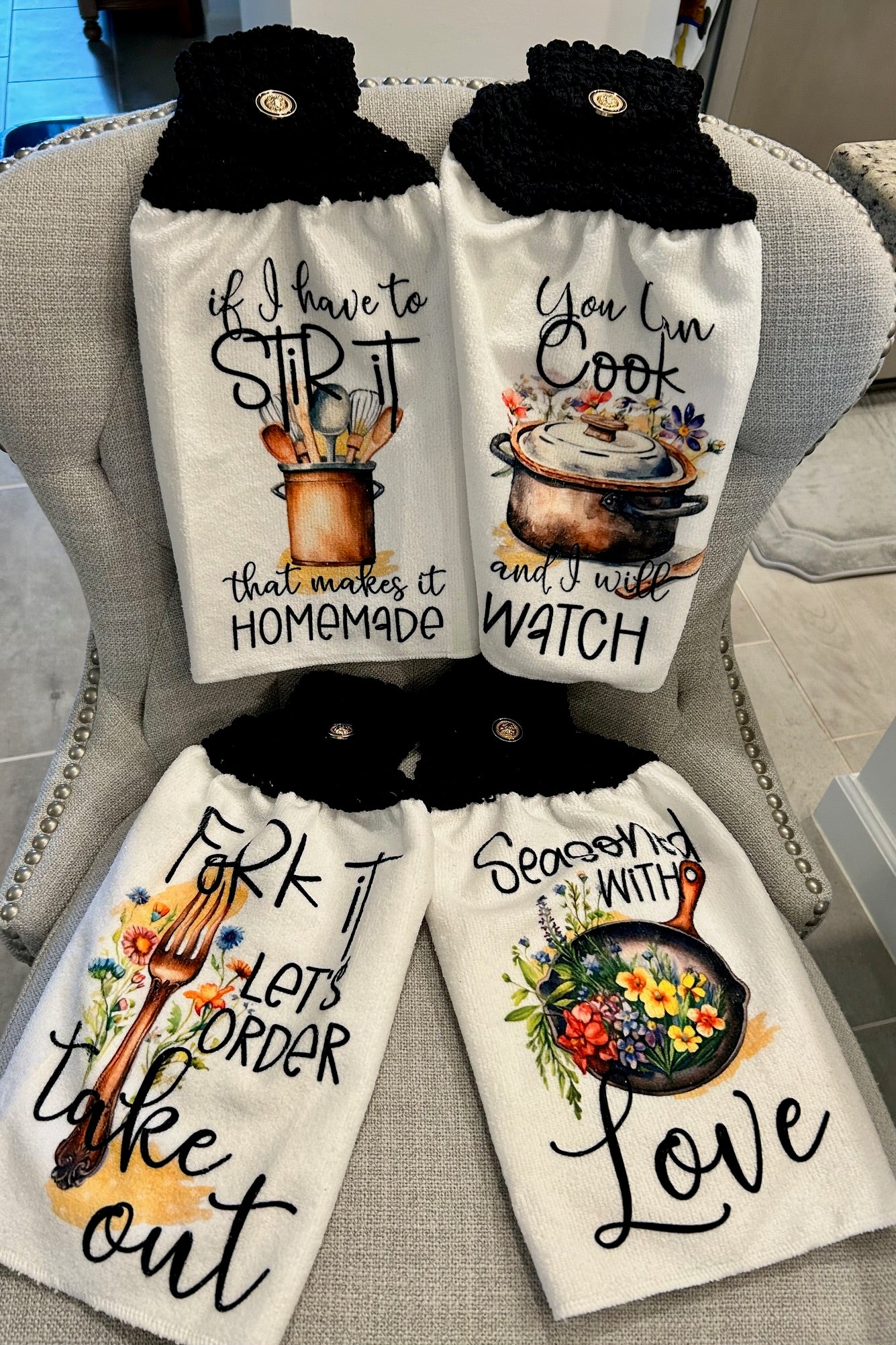 FUNNY COOKING TOWELS | Crocheted top kitchen towels Home Decor Favorites Gifts
