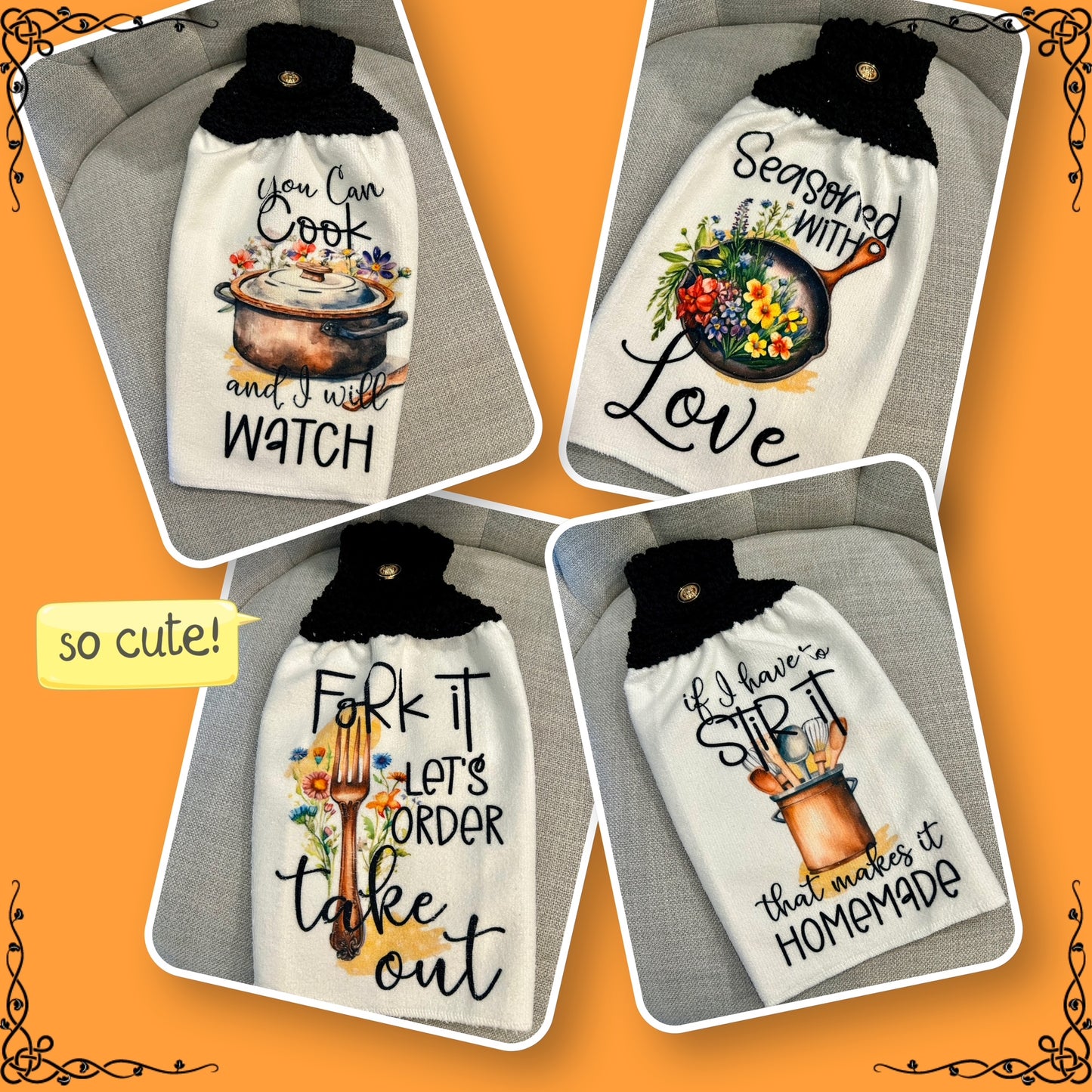 FUNNY COOKING TOWELS | Crocheted top kitchen towels Home Decor Favorites Gifts