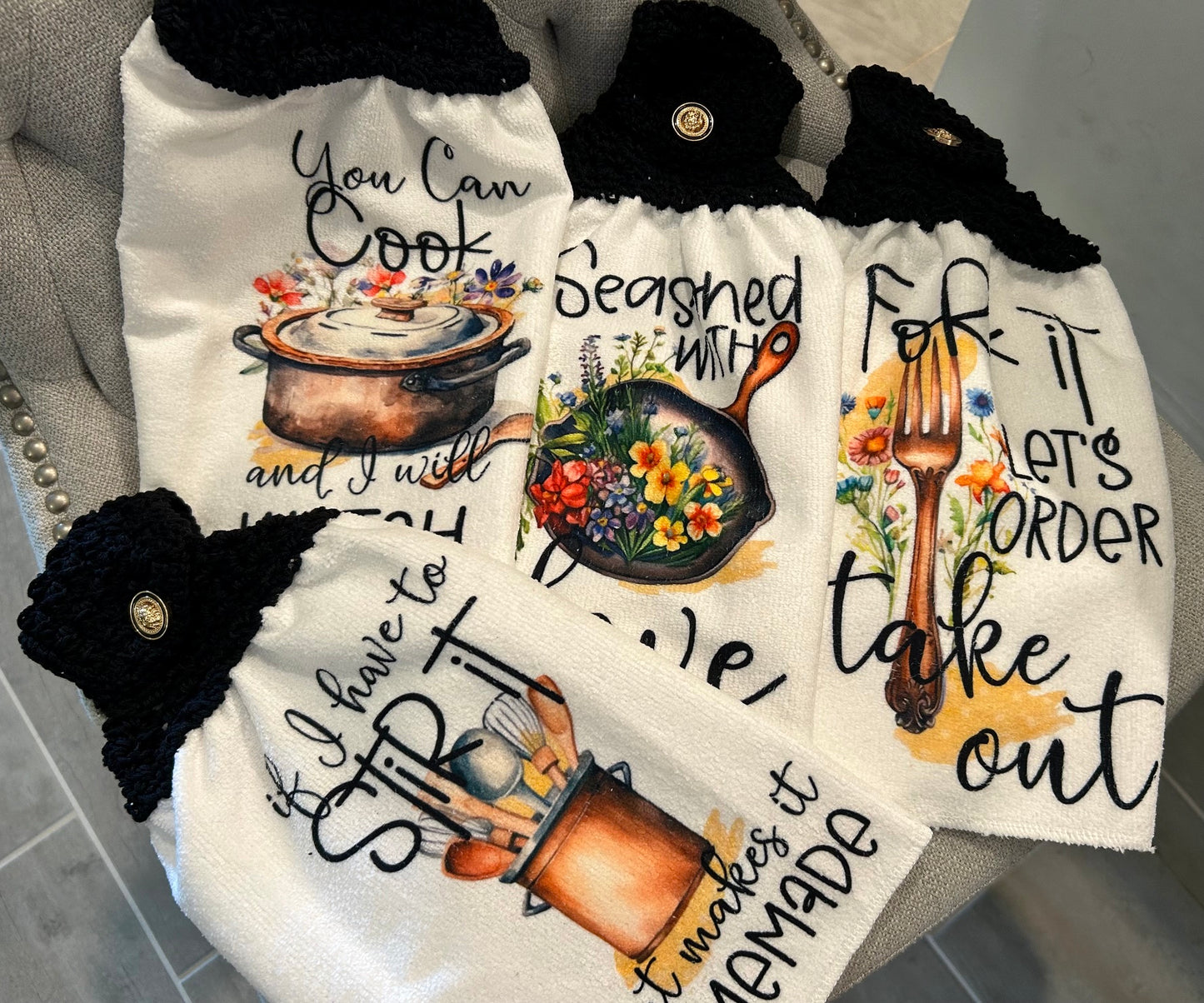 FUNNY COOKING TOWELS | Crocheted top kitchen towels Home Decor Favorites Gifts
