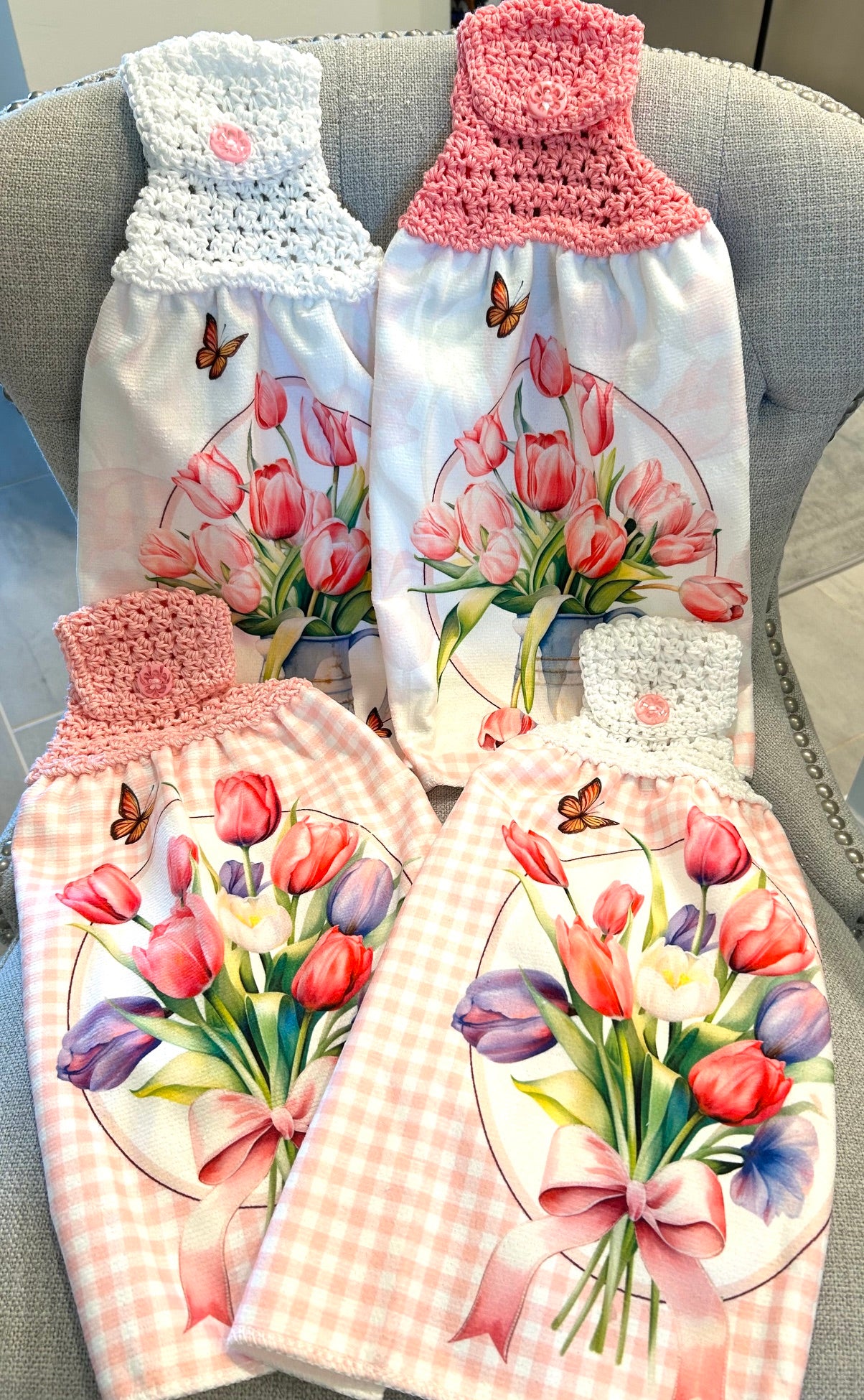 Crochet top | Kitchen towel | TULIPS FLOWERS Butterfly | Spring Summer Gift Home Decor