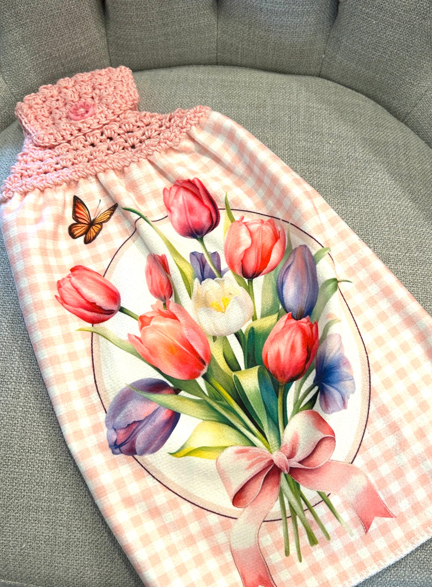 Crochet top | Kitchen towel | TULIPS FLOWERS Butterfly | Spring Summer Gift Home Decor