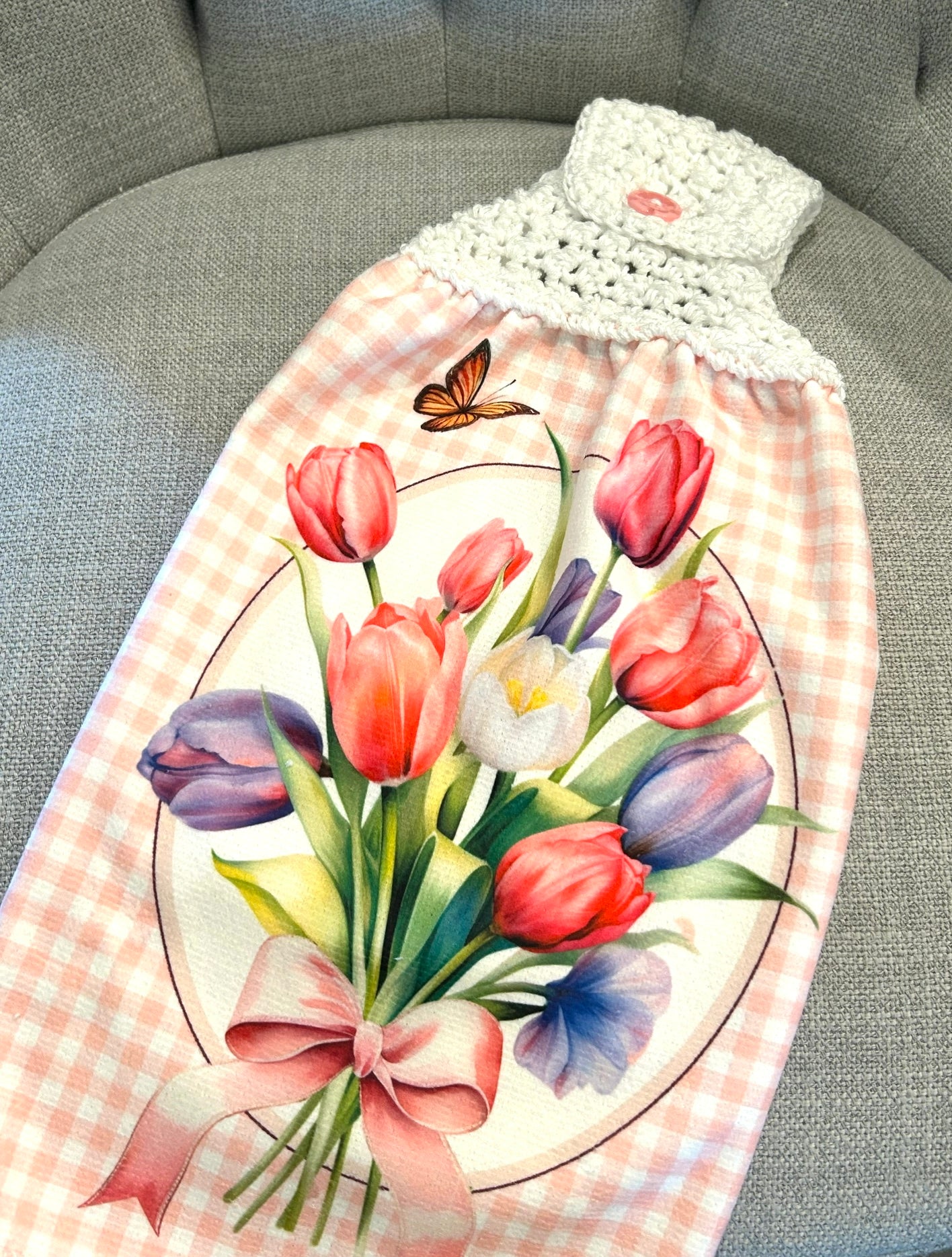 Crochet top | Kitchen towel | TULIPS FLOWERS Butterfly | Spring Summer Gift Home Decor