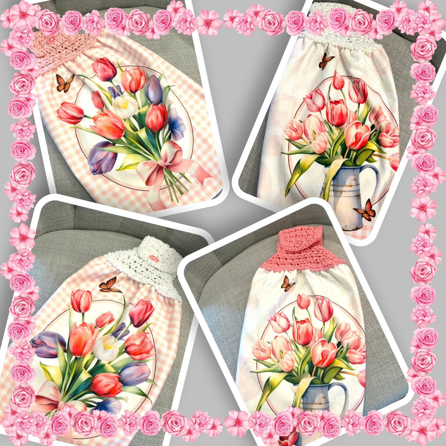 Crochet top | Kitchen towel | TULIPS FLOWERS Butterfly | Spring Summer Gift Home Decor