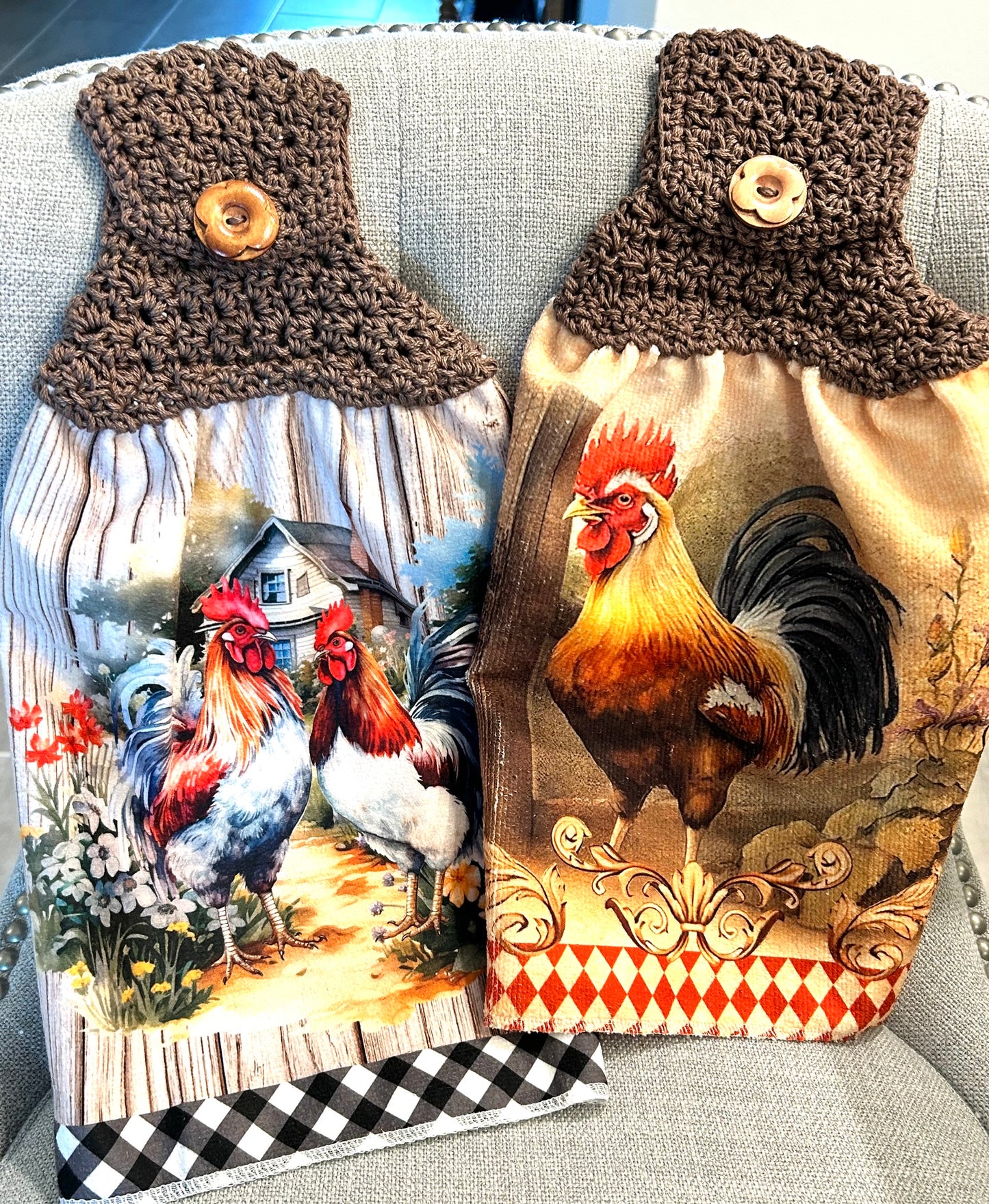 Chicken Hen Rooster collection| Crochet top kitchen towel | Bright Colors | Home Decor Gift