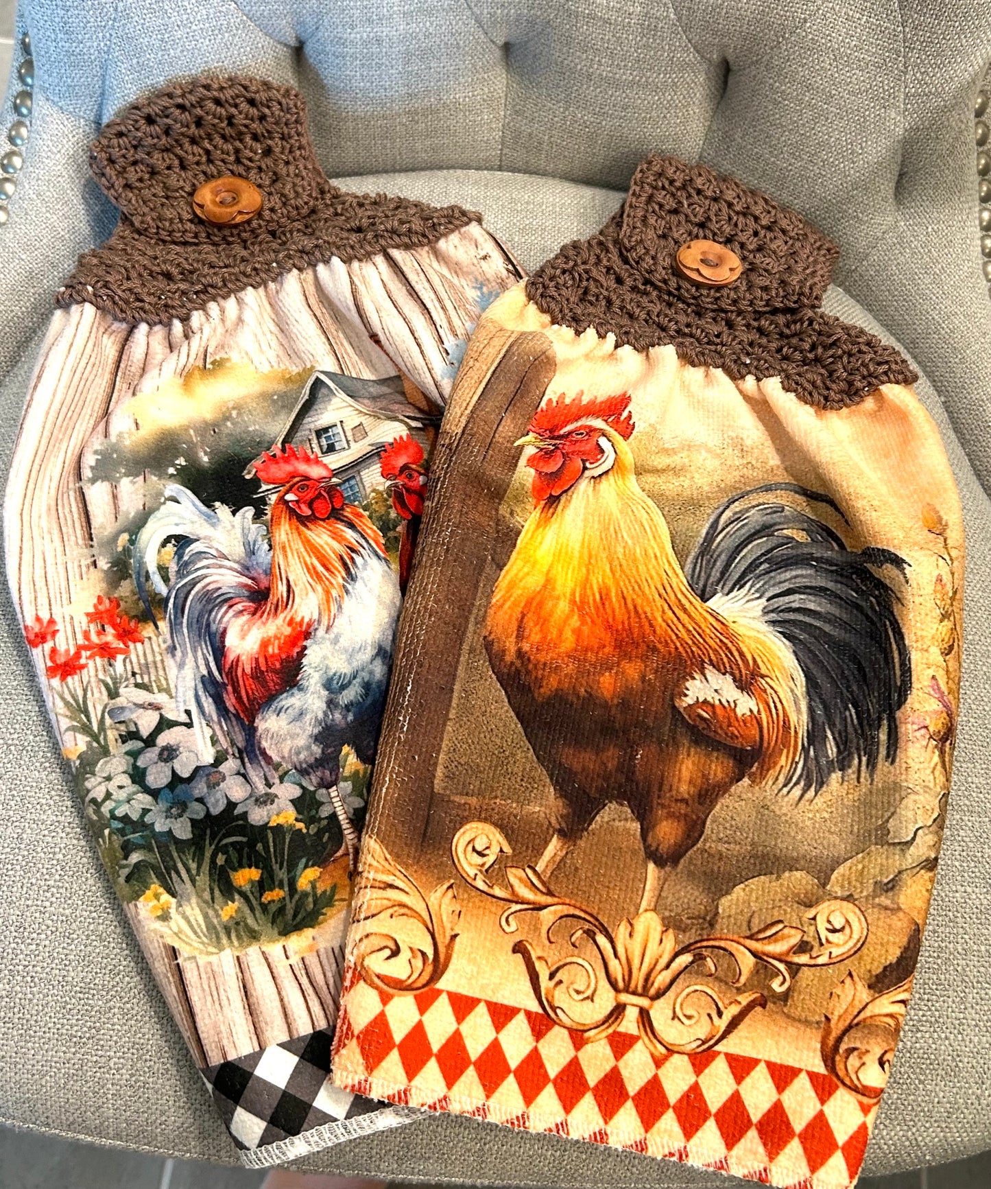 Chicken Hen Rooster collection| Crochet top kitchen towel | Bright Colors | Home Decor Gift