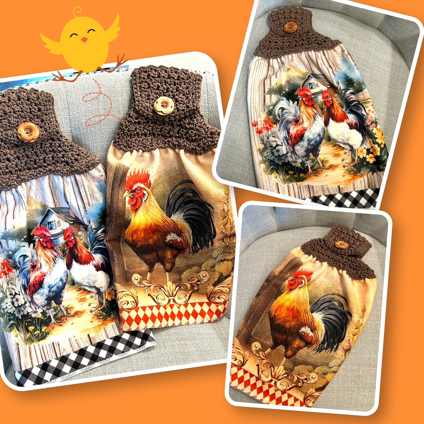 Chicken Hen Rooster collection| Crochet top kitchen towel | Bright Colors | Home Decor Gift