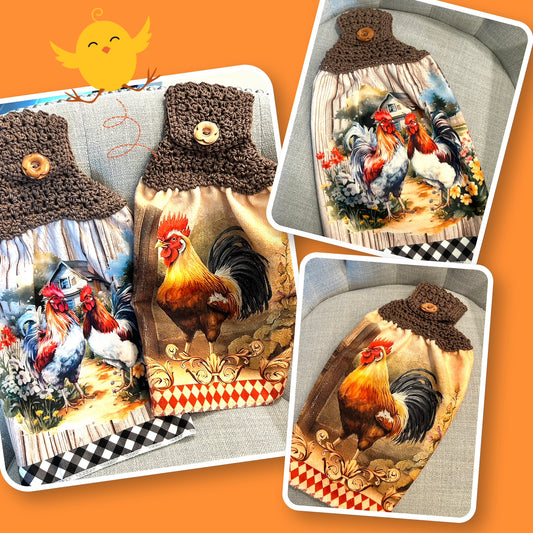 Chicken Hen Rooster collection| Crochet top kitchen towel | Bright Colors | Home Decor Gift