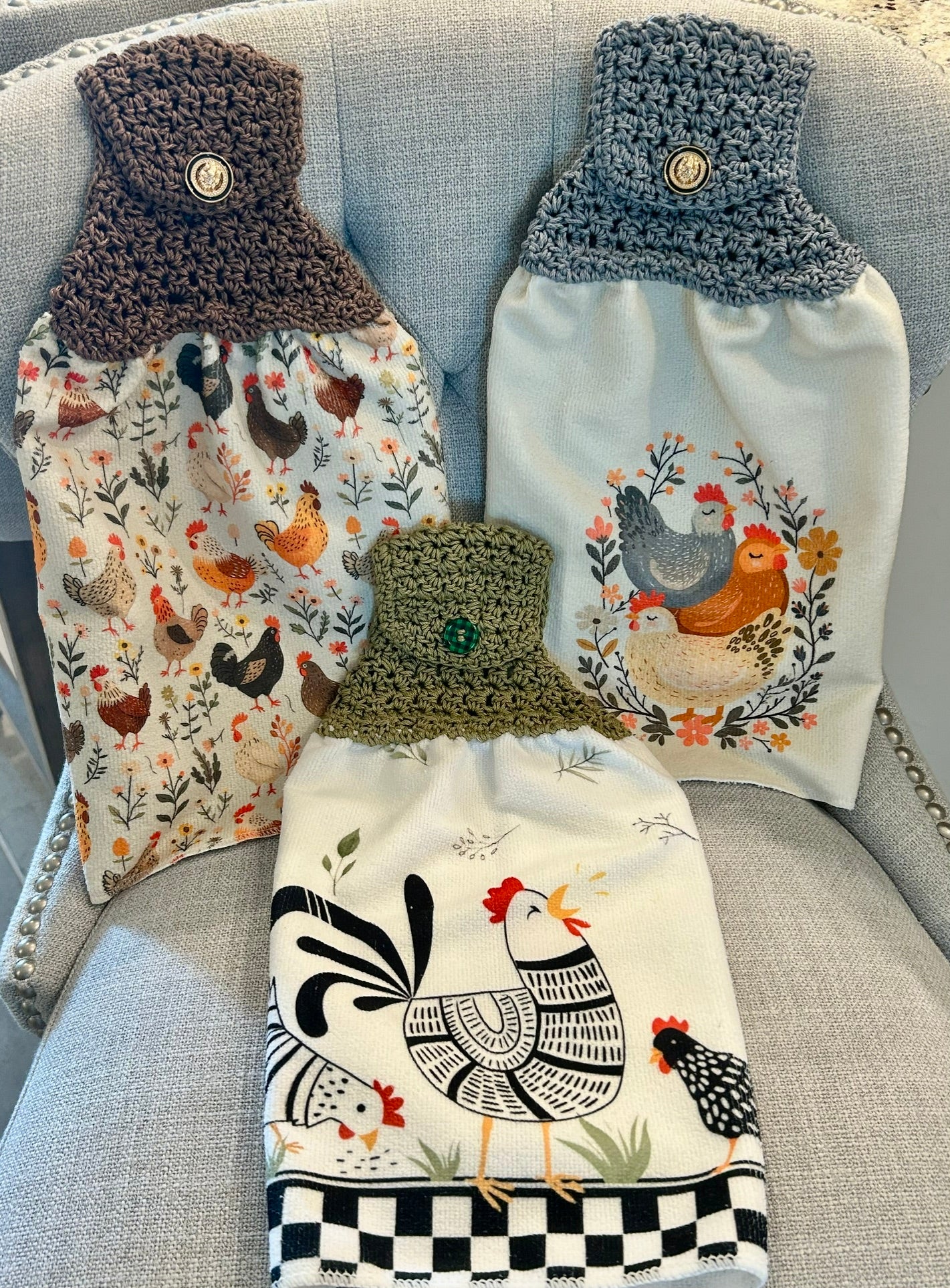 Crocheted top | Kitchen towel | Chicken Hen collection | Bright patterns
