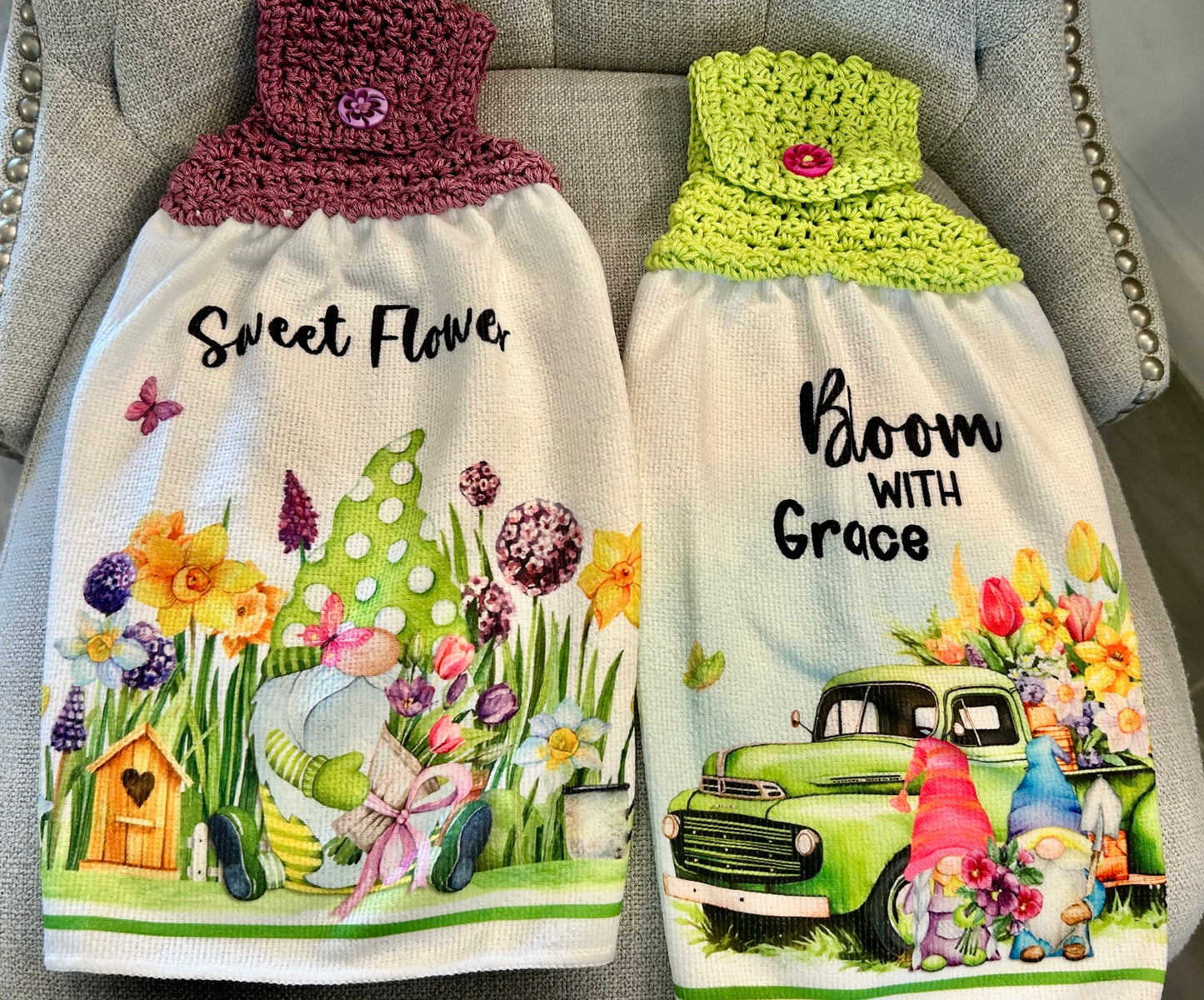 Crochet top | Kitchen towel | GARDEN GNOMES | Summer Gift Home Decor Green Lilac