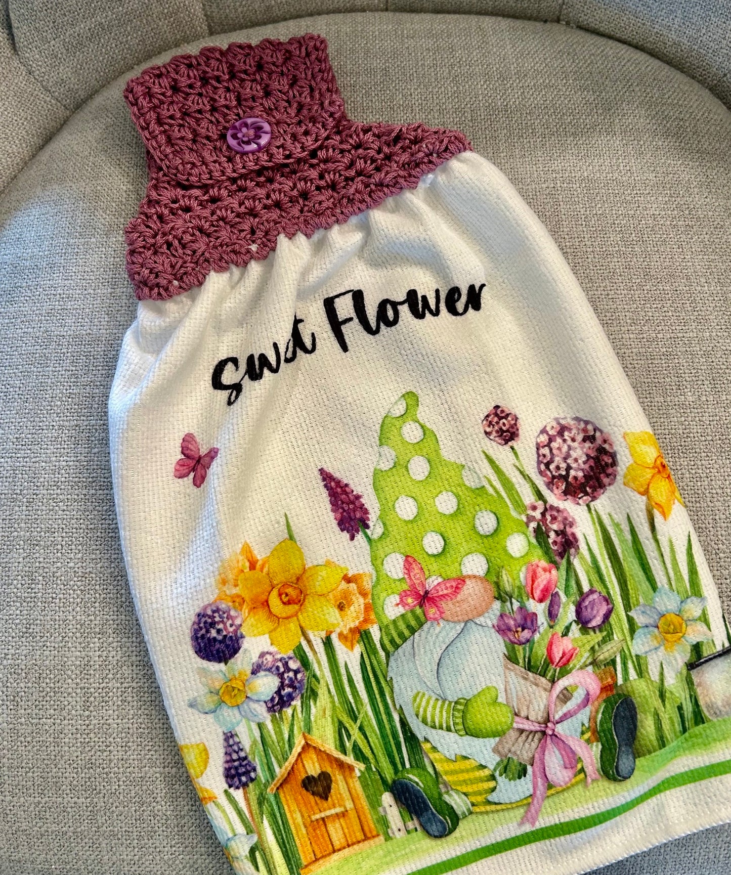 Crochet top | Kitchen towel | GARDEN GNOMES | Summer Gift Home Decor Green Lilac