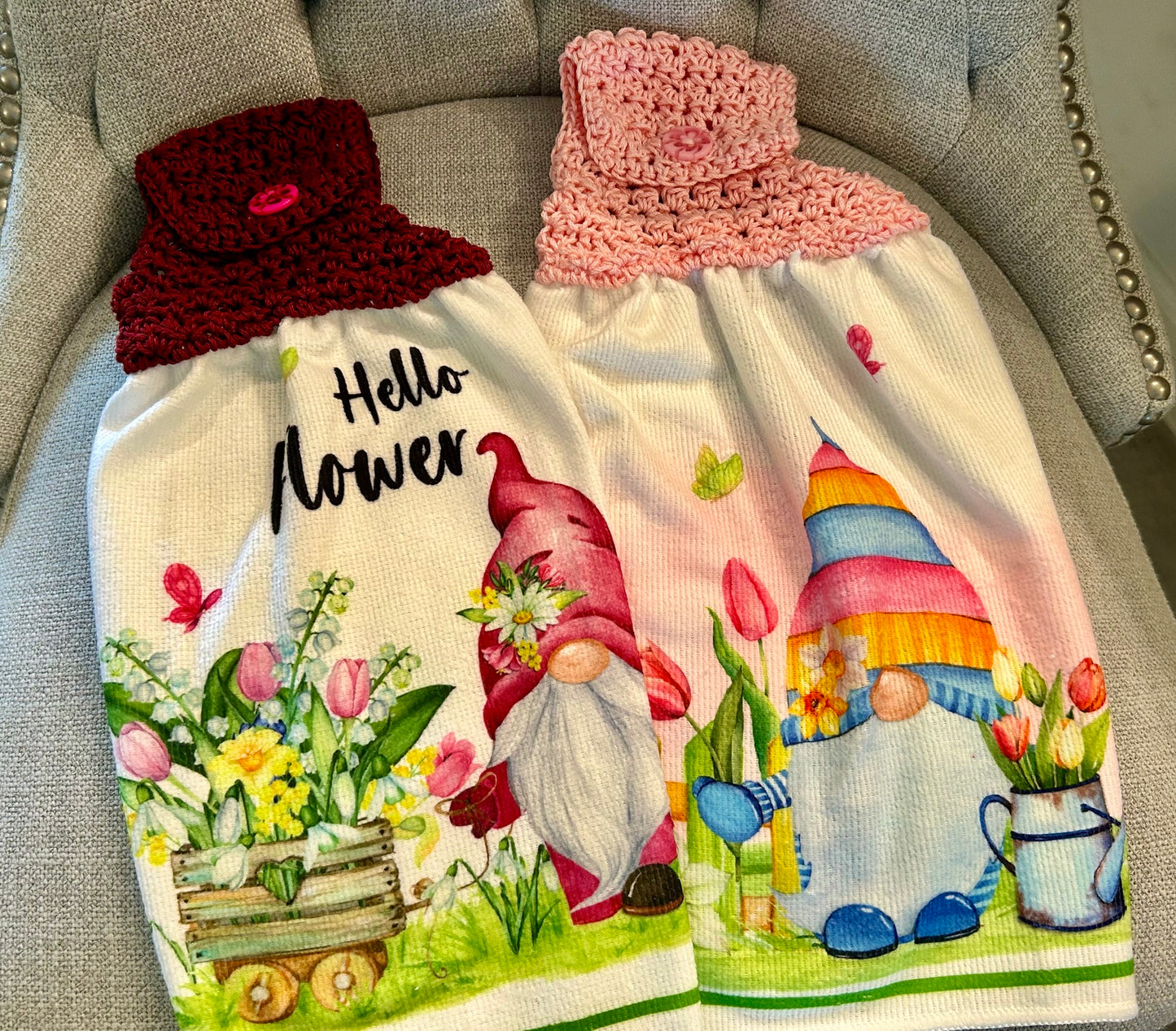 Crochet top | Kitchen towel | GARDEN GNOMES | Summer Gift Home Decor Pink Burgundy