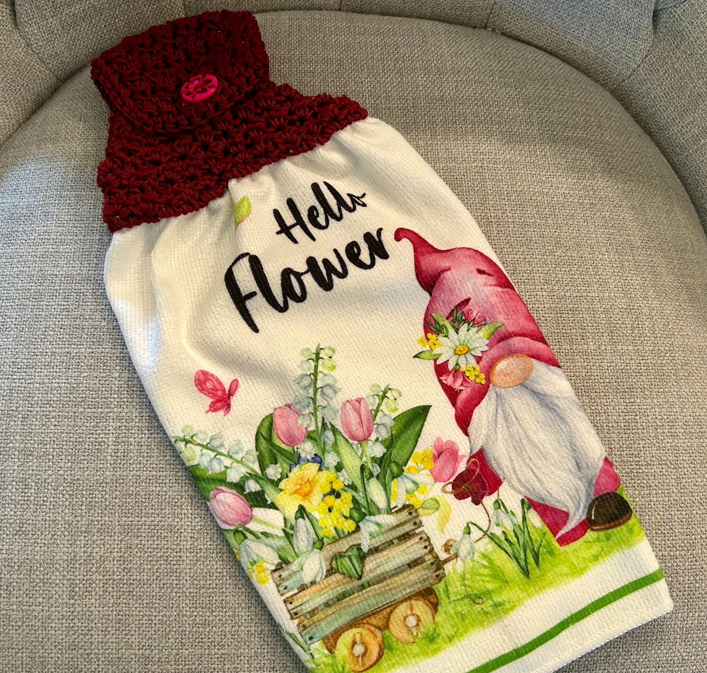 Crochet top | Kitchen towel | GARDEN GNOMES | Summer Gift Home Decor Pink Burgundy