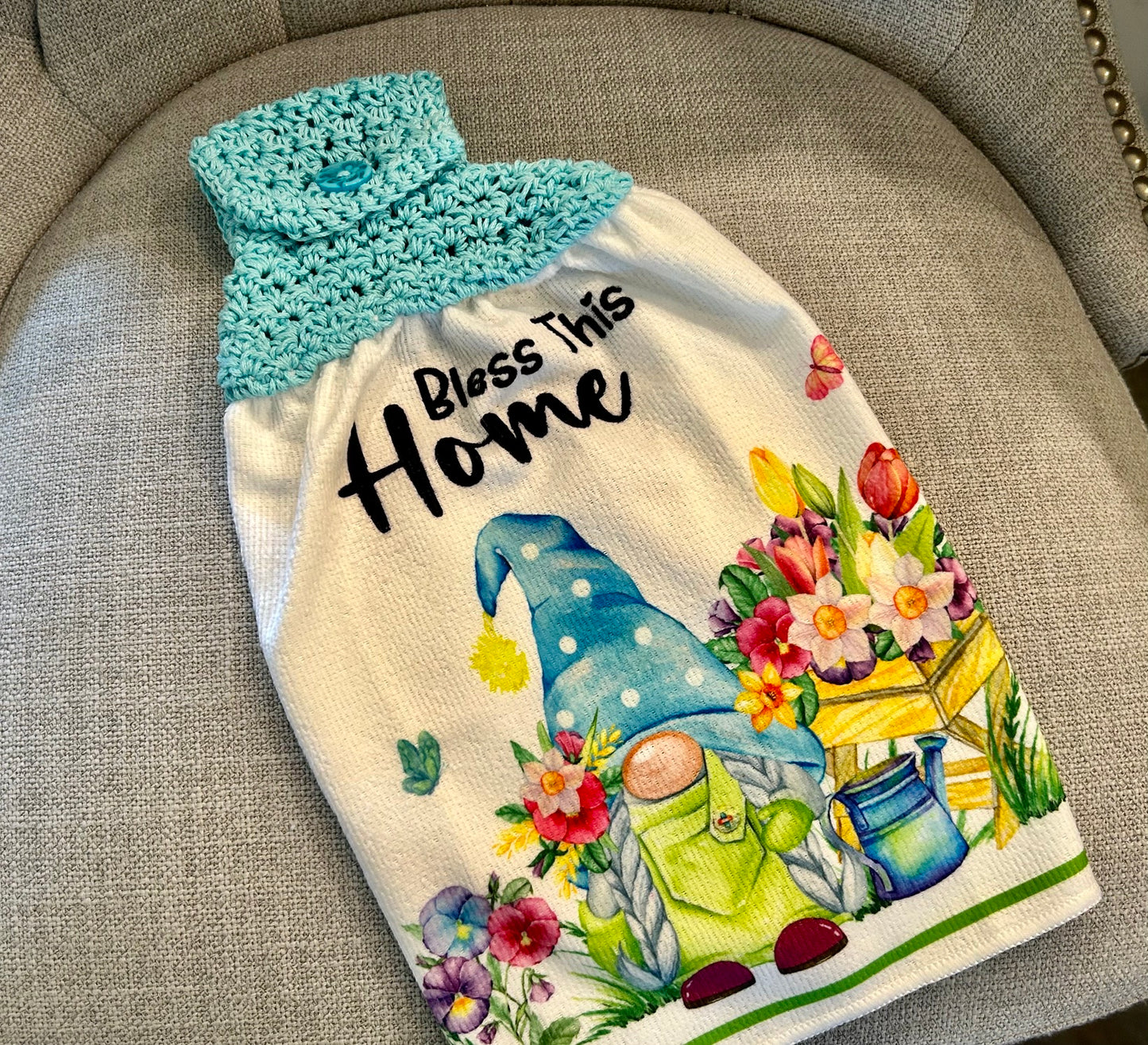 Crochet top | Kitchen towel | GARDEN GNOMES | Summer Gift Home Decor Blue