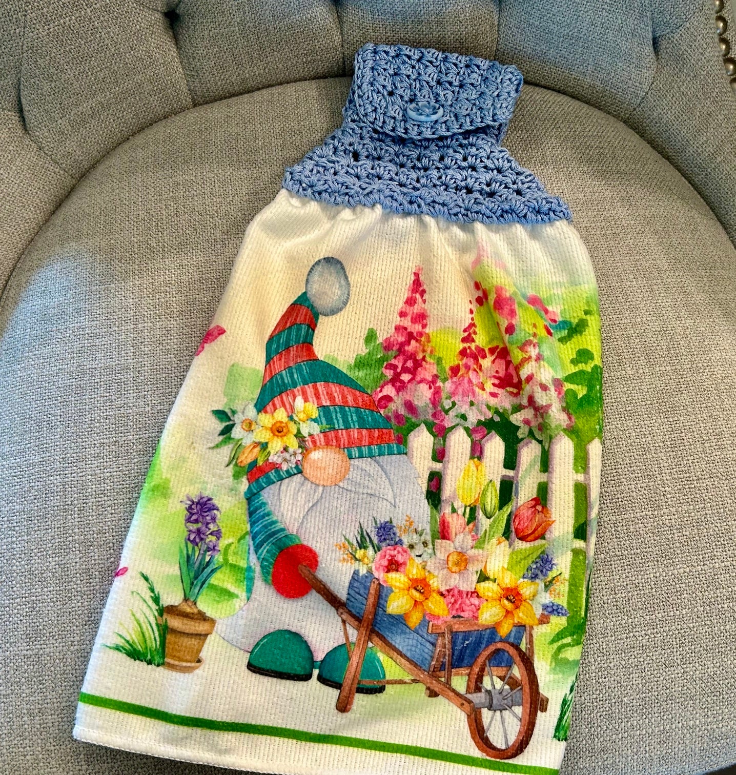 Crochet top | Kitchen towel | GARDEN GNOMES | Summer Gift Home Decor Blue