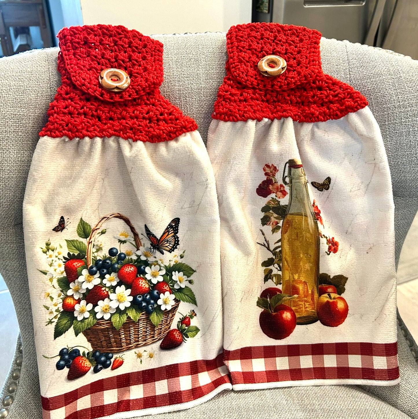 Crochet top | Kitchen towel | Red Checked | Blueberries Apples Strawberries Butterfly | Gift Home Decor