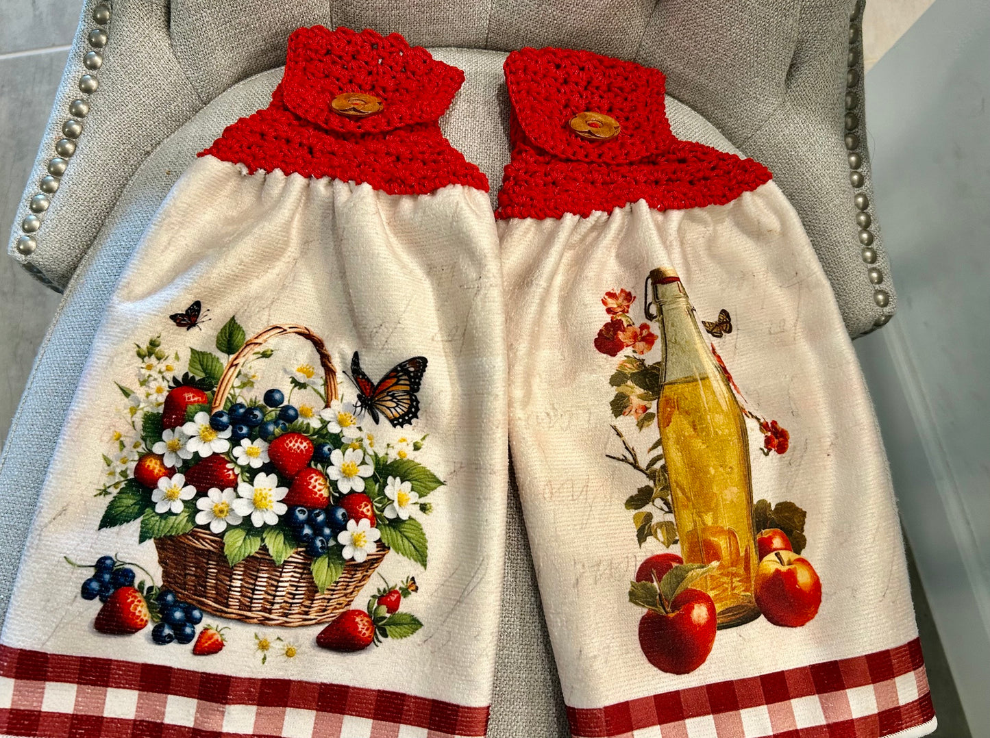 Crochet top | Kitchen towel | Red Checked | Blueberries Apples Strawberries Butterfly | Gift Home Decor