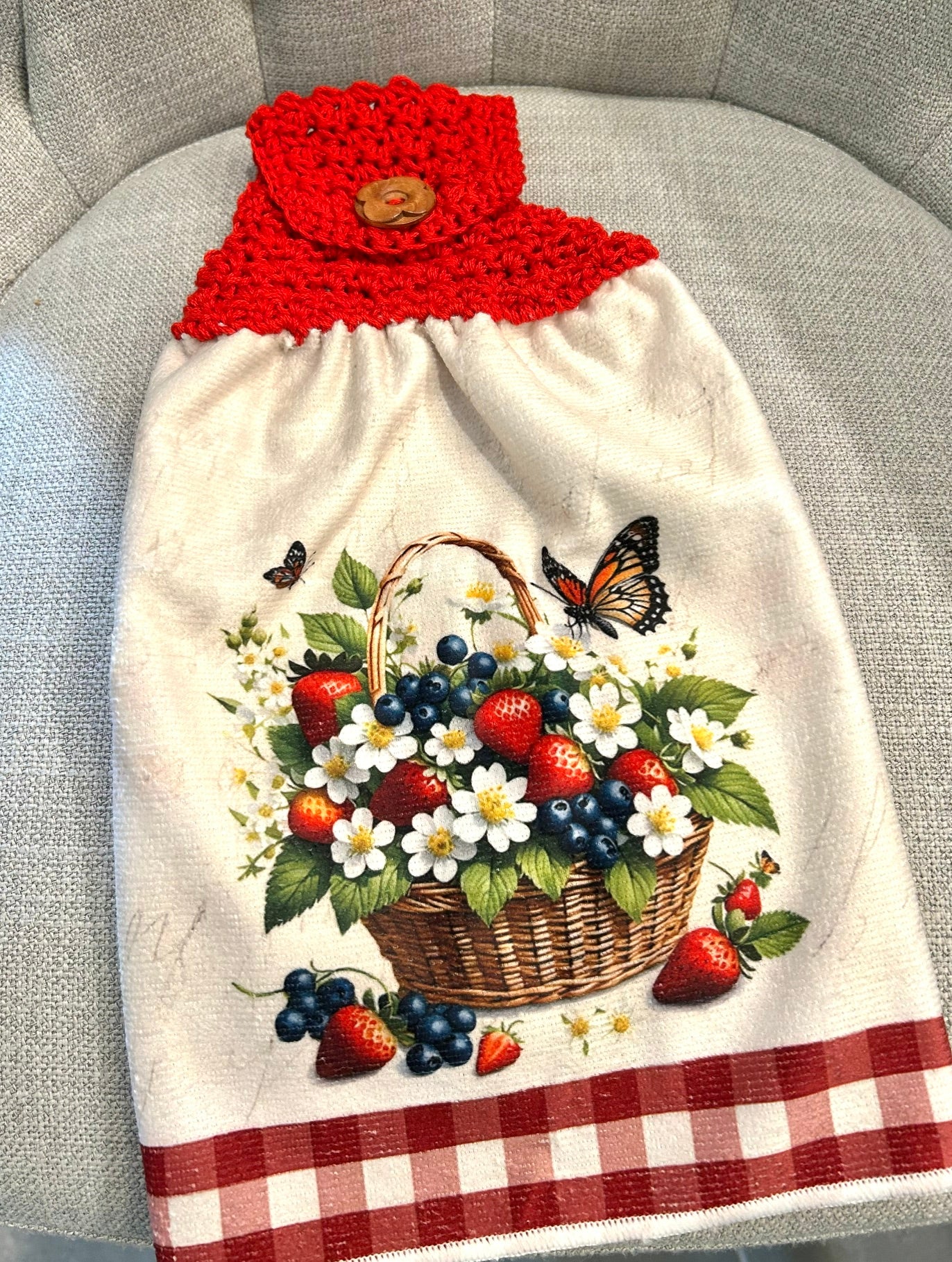 Crochet top | Kitchen towel | Red Checked | Blueberries Apples Strawberries Butterfly | Gift Home Decor