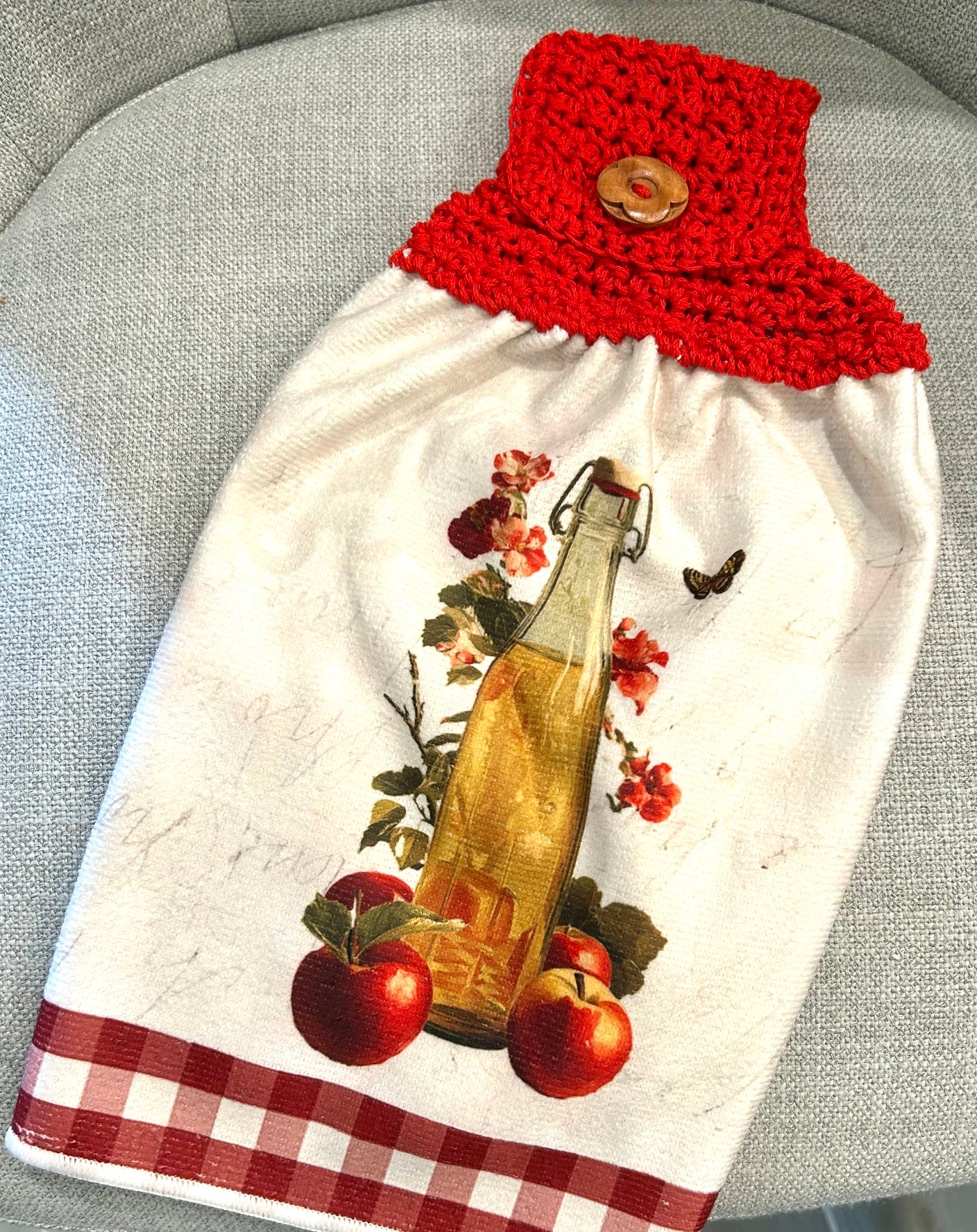 Crochet top | Kitchen towel | Red Checked | Blueberries Apples Strawberries Butterfly | Gift Home Decor