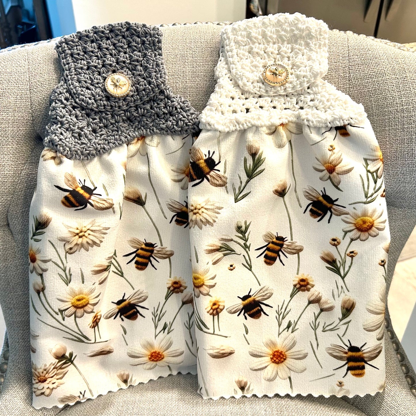 Crochet top Kitchen towel | Bees and Daisies | Matching Accent Button | Summer Gift Home Decor (Copy)