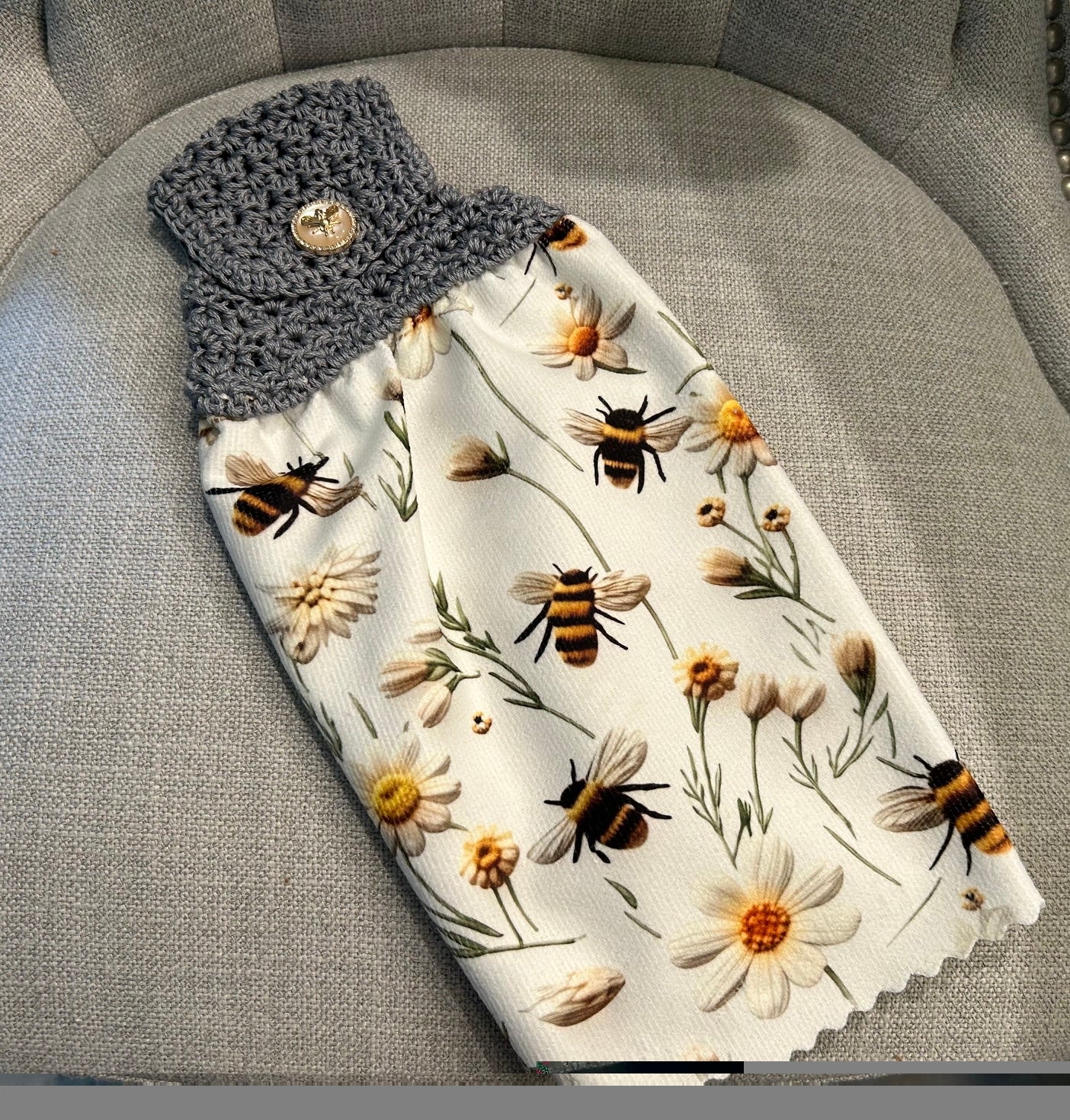 Crochet top Kitchen towel | Bees and Daisies | Matching Accent Button | Summer Gift Home Decor (Copy)