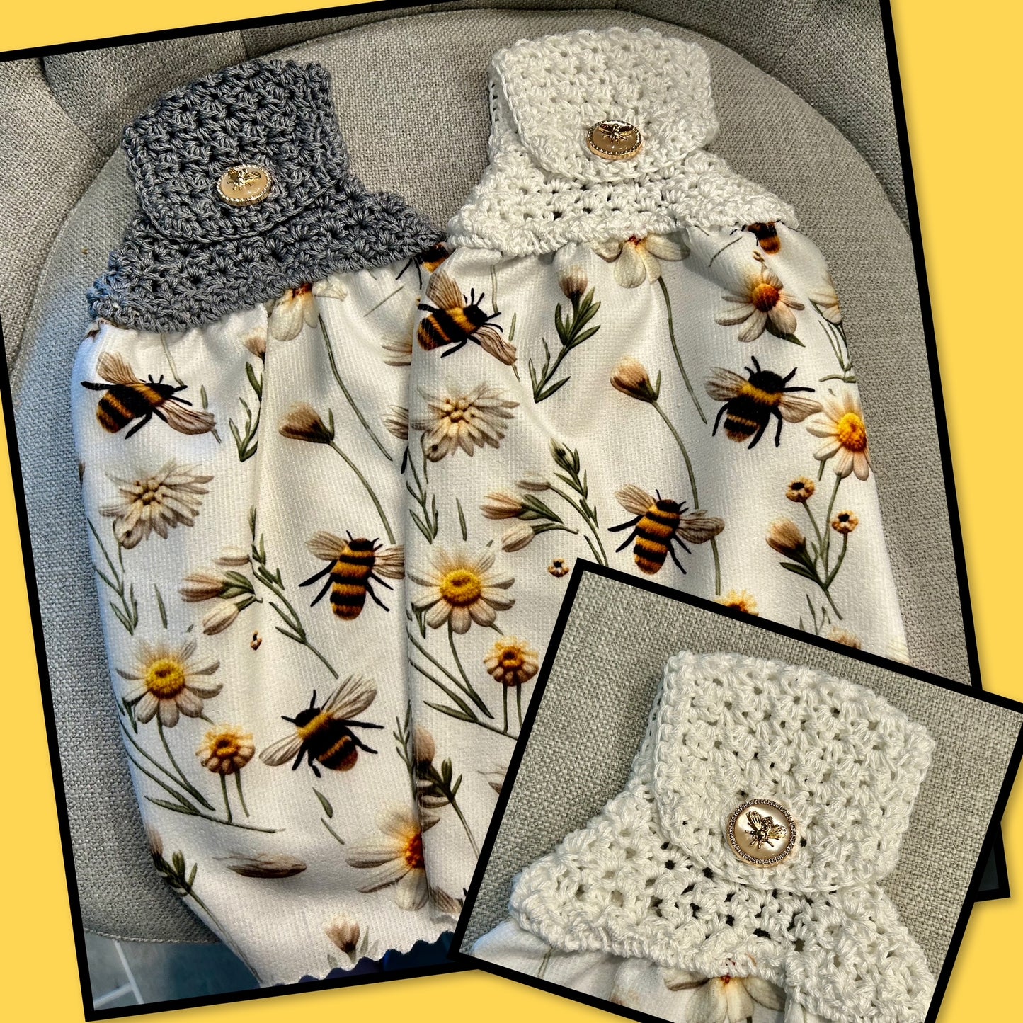 Crochet top Kitchen towel | Bees and Daisies | Matching Accent Button | Summer Gift Home Decor (Copy)