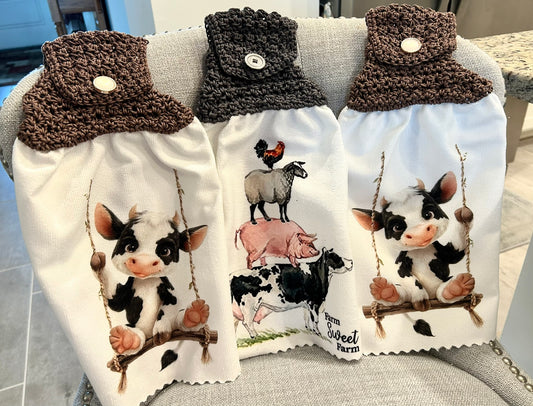 Crochet top kitchen towel | FARM LIFE and Cute Cows | Beautiful Home Decor Gift