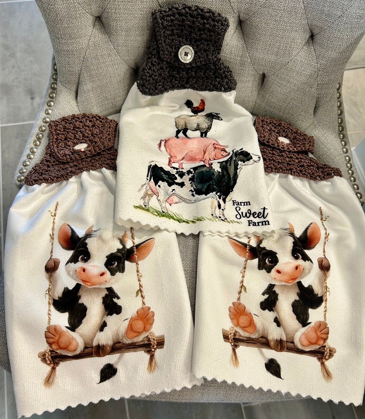 Crochet top kitchen towel | FARM LIFE and Cute Cows | Beautiful Home Decor Gift