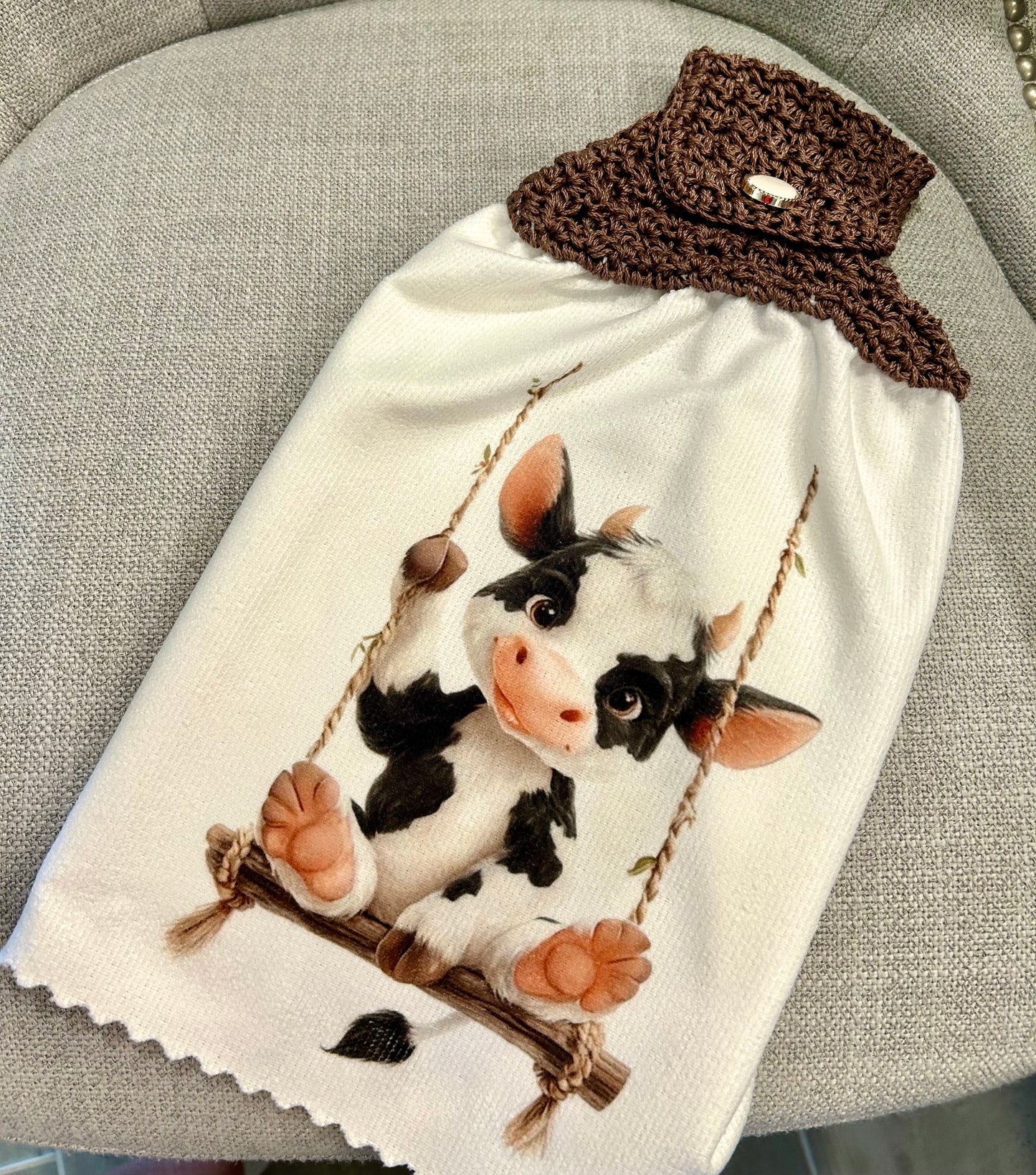 Crochet top kitchen towel | FARM LIFE and Cute Cows | Beautiful Home Decor Gift