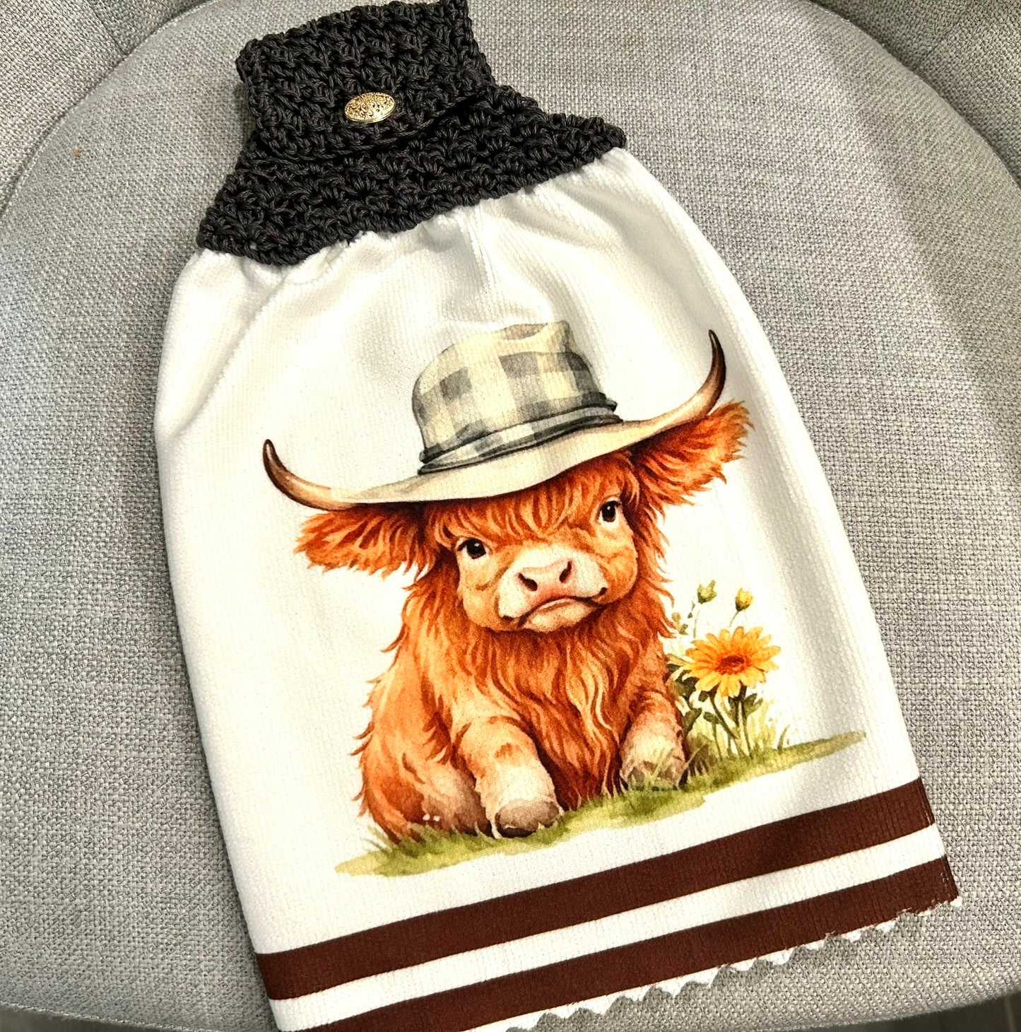 Crochet top kitchen towel | FARM LIFE Highland Cows | Beautiful Home Decor Gift
