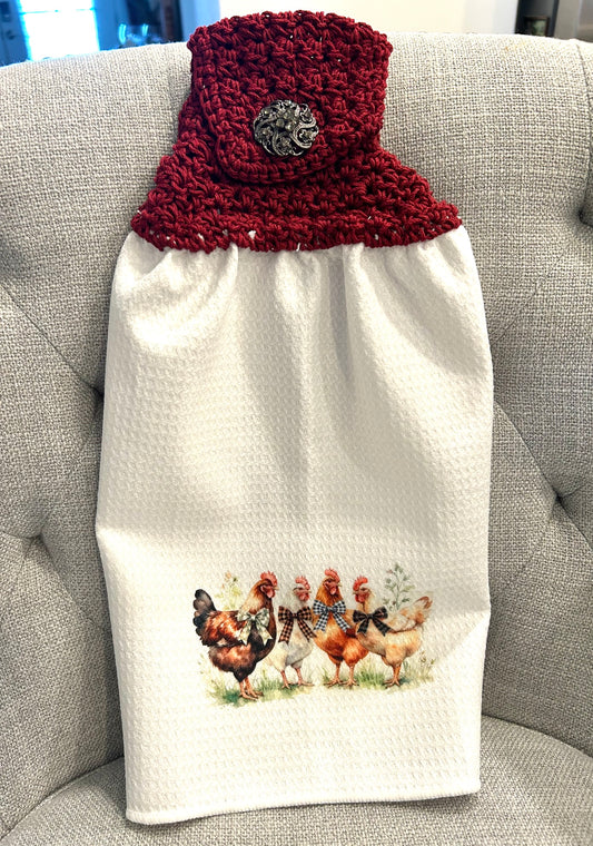 Crocheted top kitchen towel | Bright Chickens on white | Fancy button | Home Decor | Gift