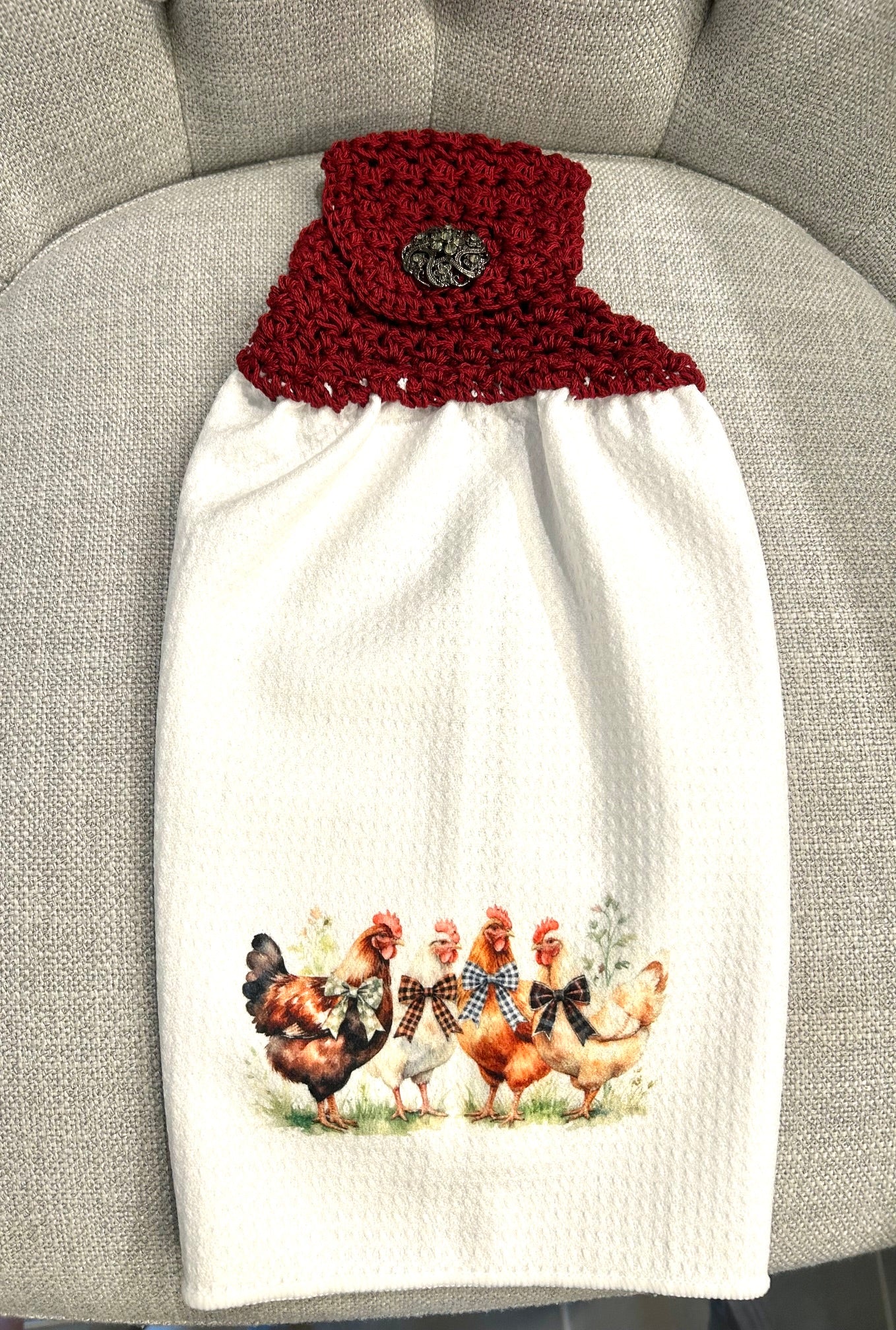 Crocheted top kitchen towel | Bright Chickens on white | Fancy button | Home Decor | Gift