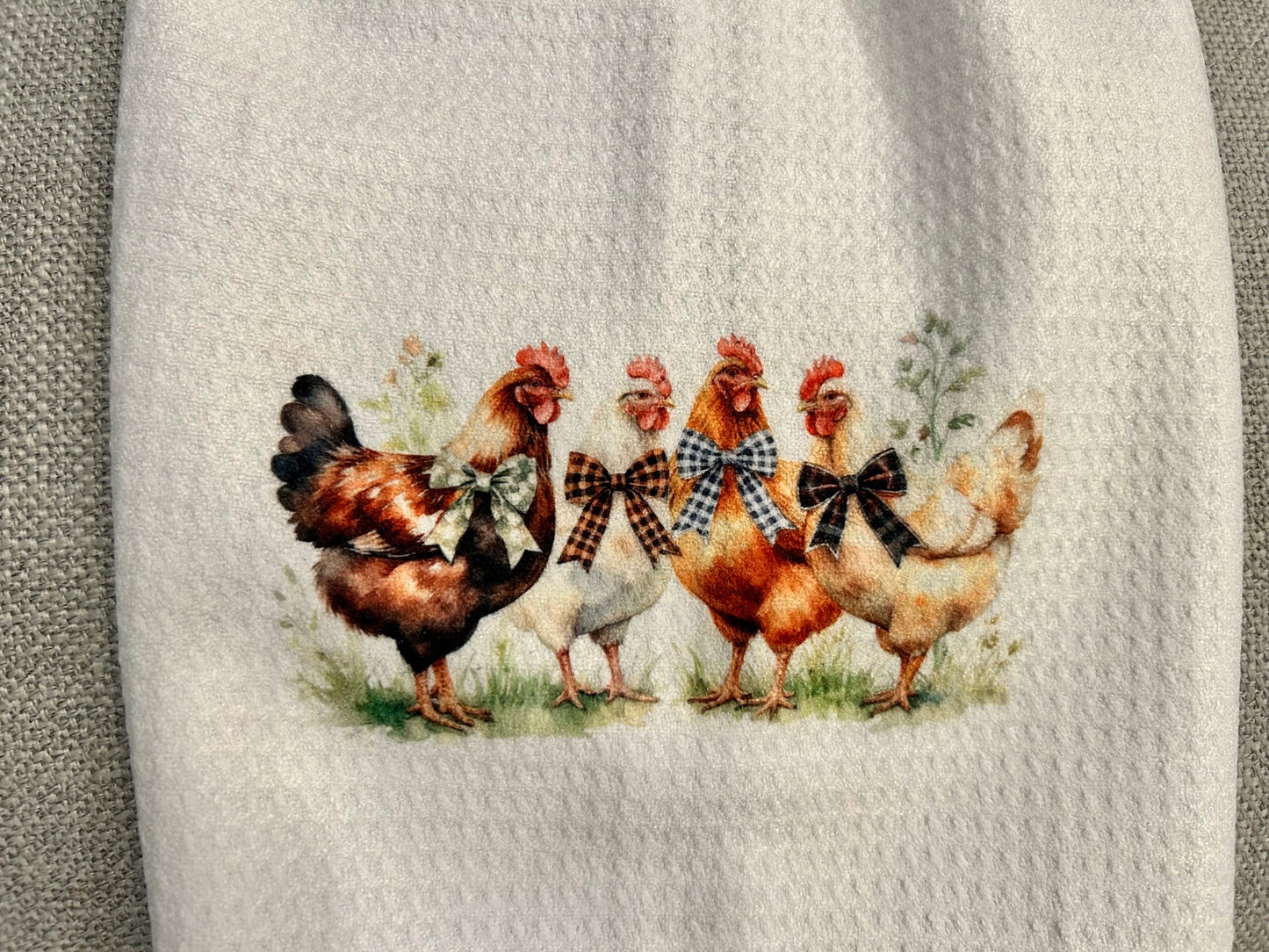 Crocheted top kitchen towel | Bright Chickens on white | Fancy button | Home Decor | Gift