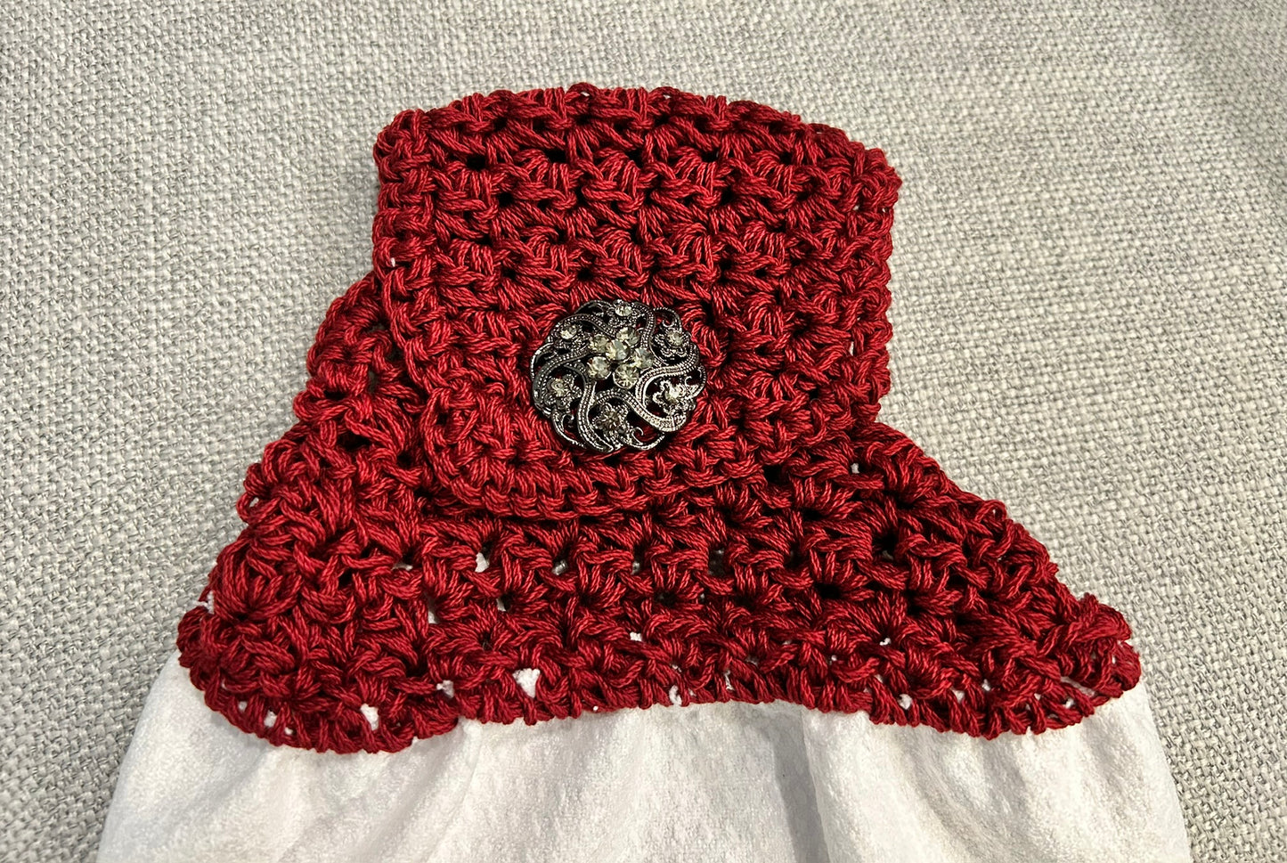 Crocheted top kitchen towel | Bright Chickens on white | Fancy button | Home Decor | Gift