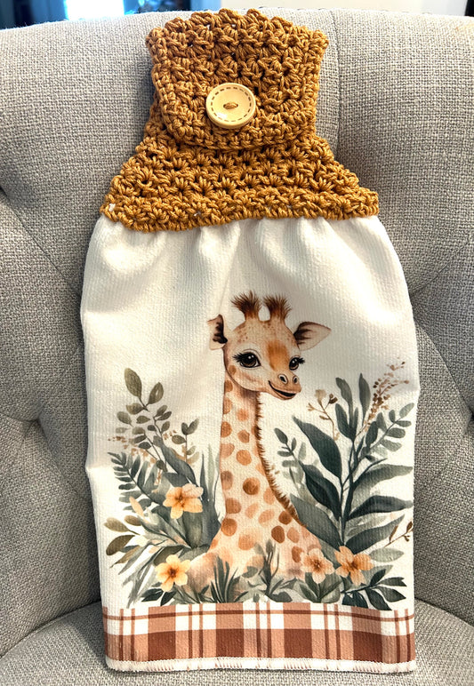 Crocheted top kitchen towel | Baby Giraffe Zoo | Home Decor | Gift