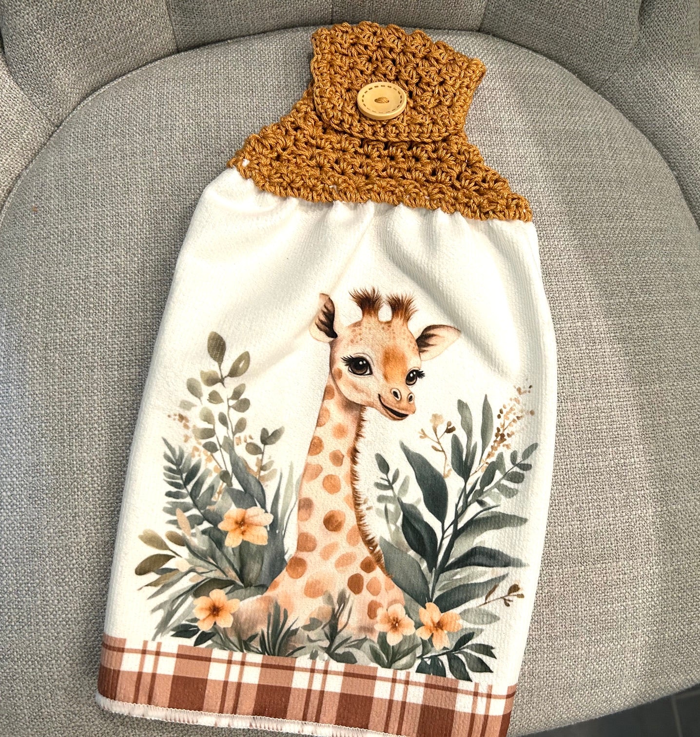 Crocheted top kitchen towel | Baby Giraffe Zoo | Home Decor | Gift