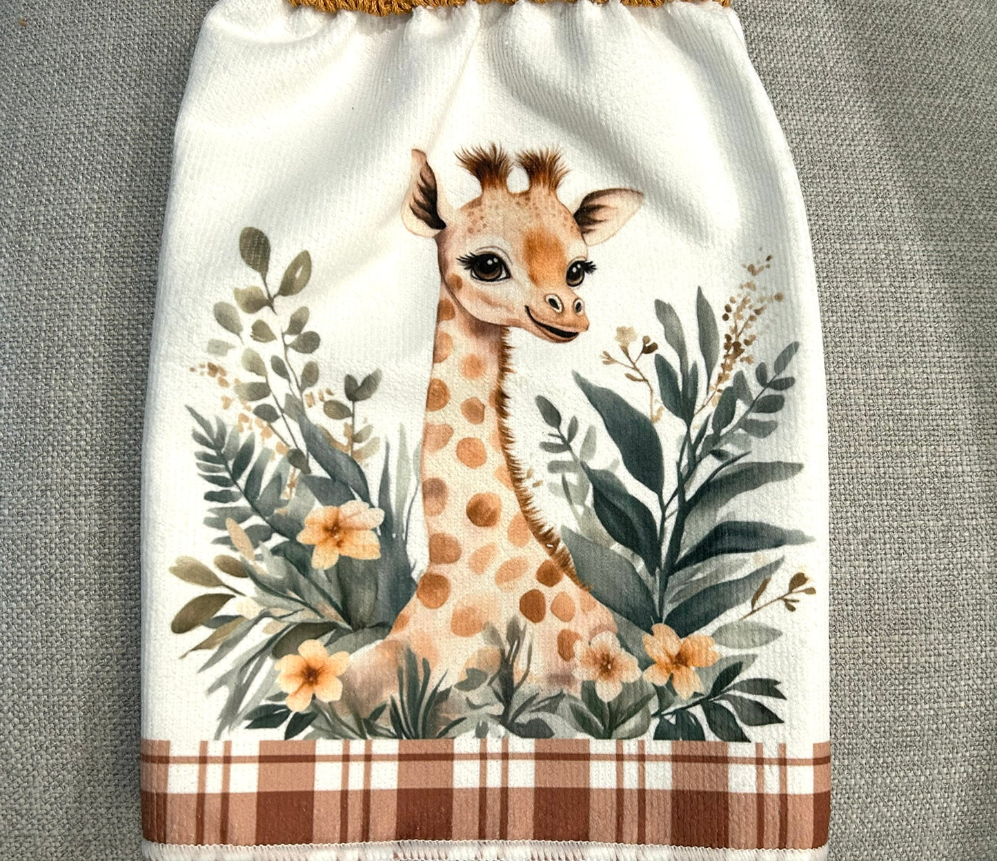 Crocheted top kitchen towel | Baby Giraffe Zoo | Home Decor | Gift
