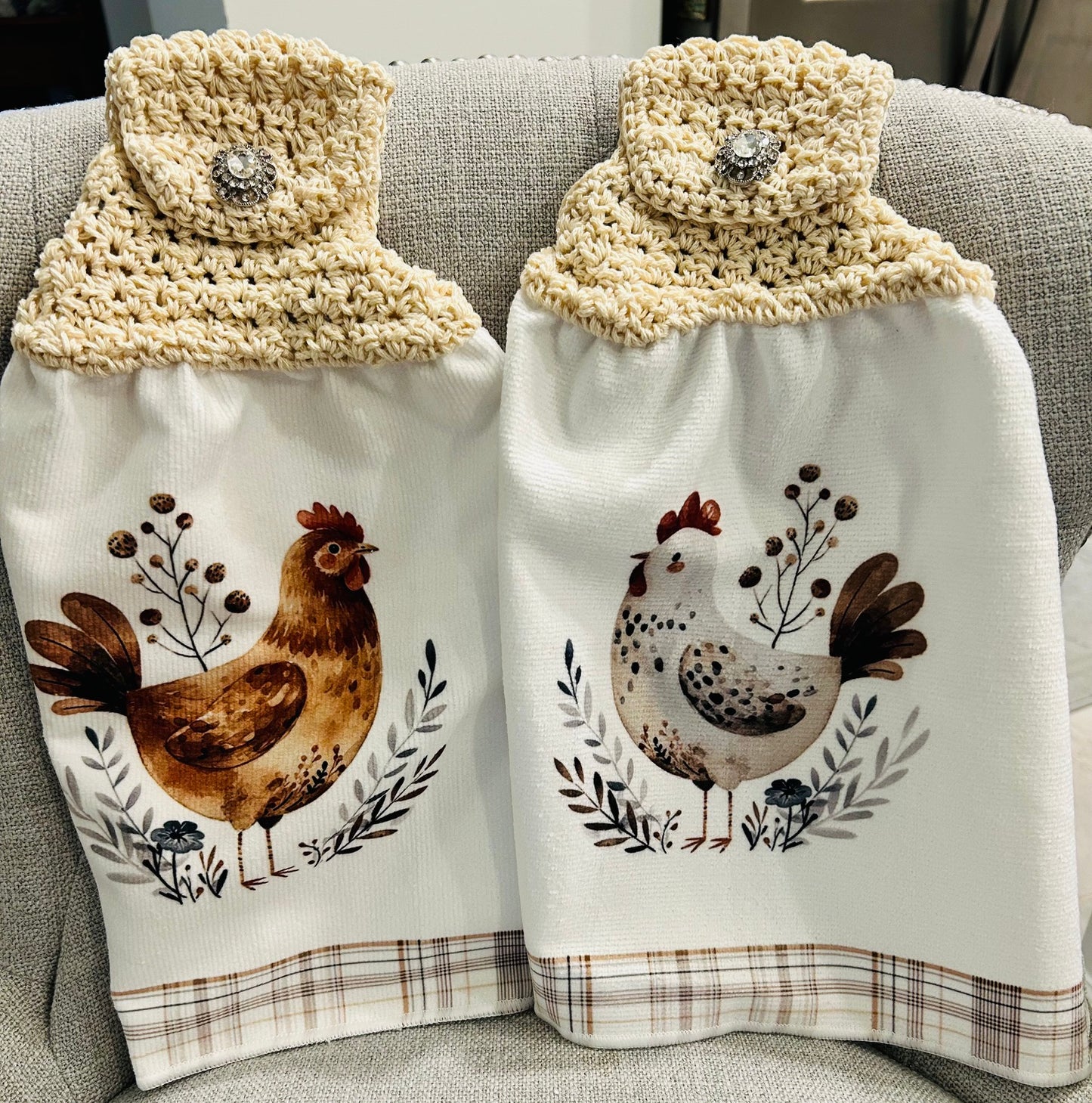 Chicken Hen Rooster| Crochet top kitchen towel | Farm Life Plaid White Jewel button | Home Decor Gift