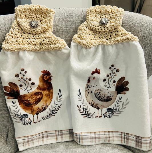 Chicken Hen Rooster| Crochet top kitchen towel | Farm Life Plaid White Jewel button | Home Decor Gift