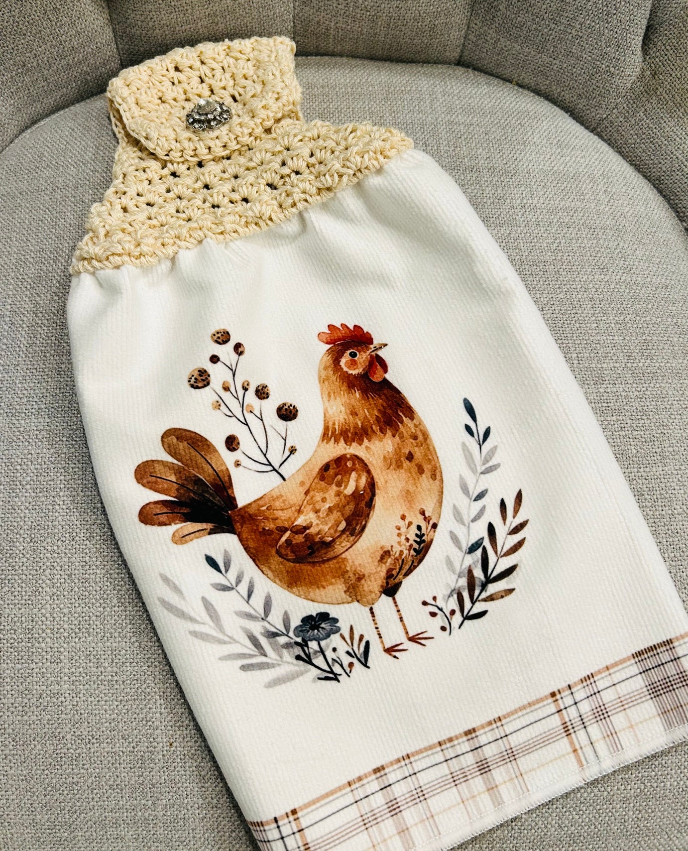 Chicken Hen Rooster| Crochet top kitchen towel | Farm Life Plaid White Jewel button | Home Decor Gift