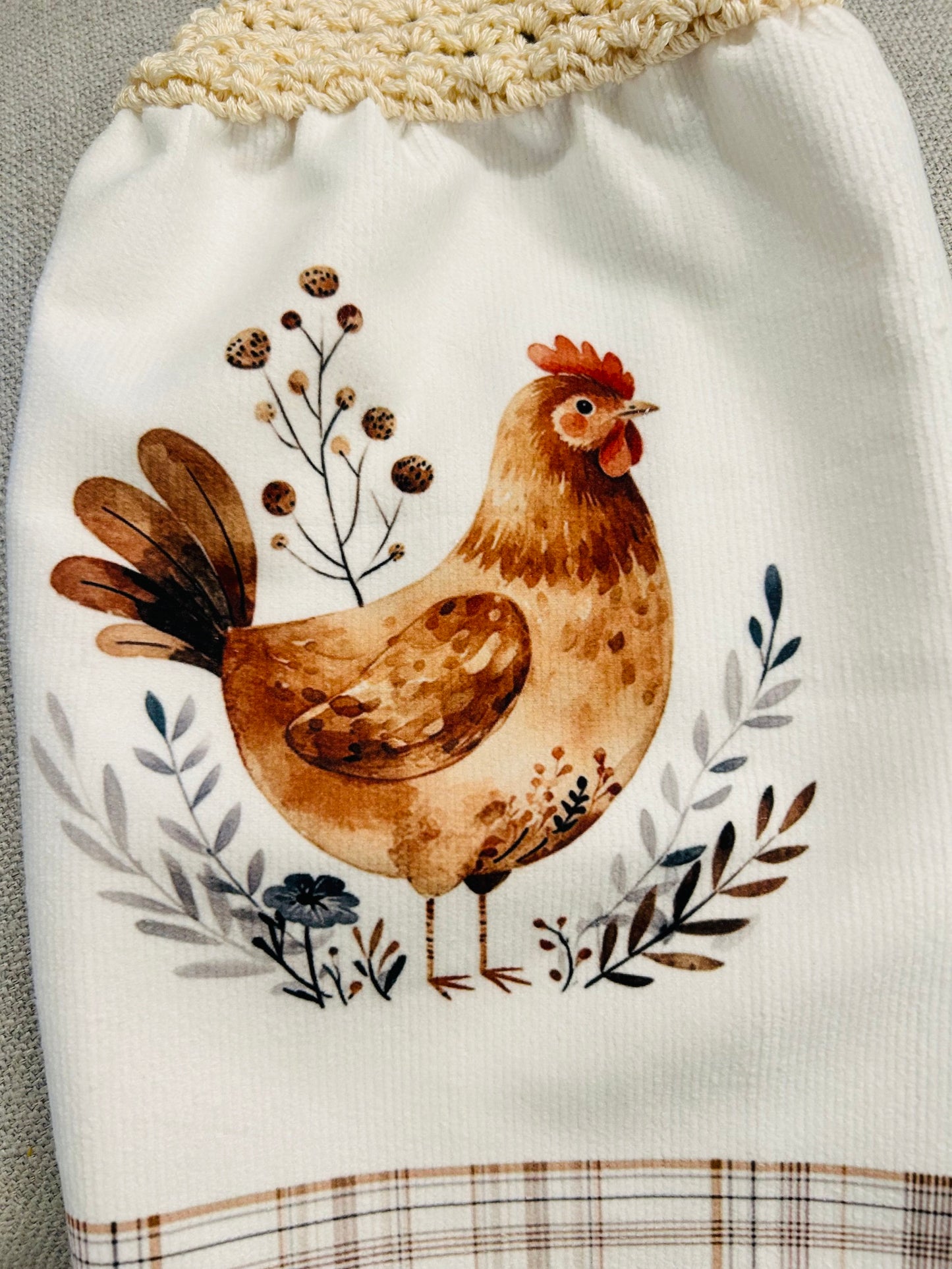 Chicken Hen Rooster| Crochet top kitchen towel | Farm Life Plaid White Jewel button | Home Decor Gift
