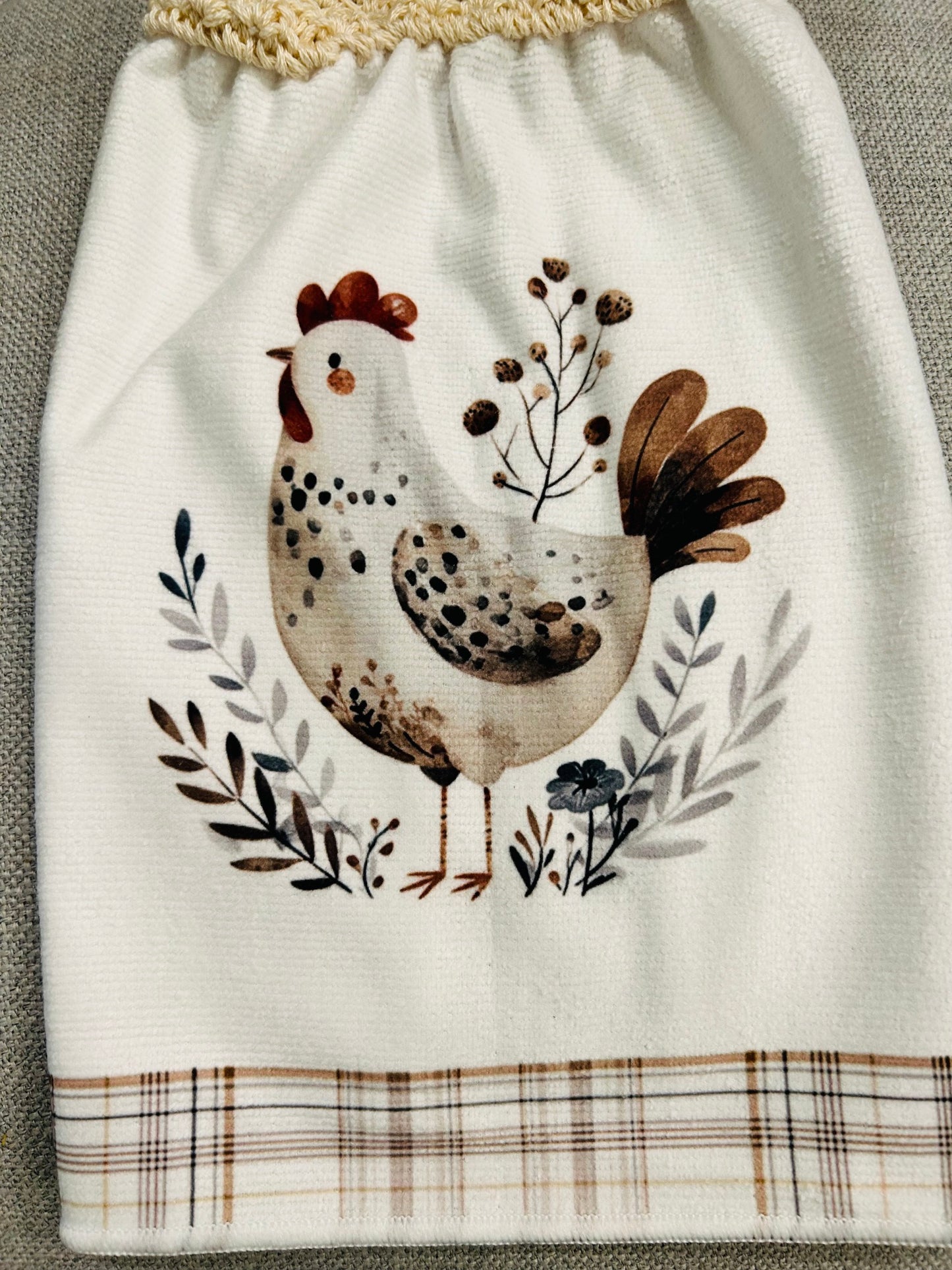Chicken Hen Rooster| Crochet top kitchen towel | Farm Life Plaid White Jewel button | Home Decor Gift