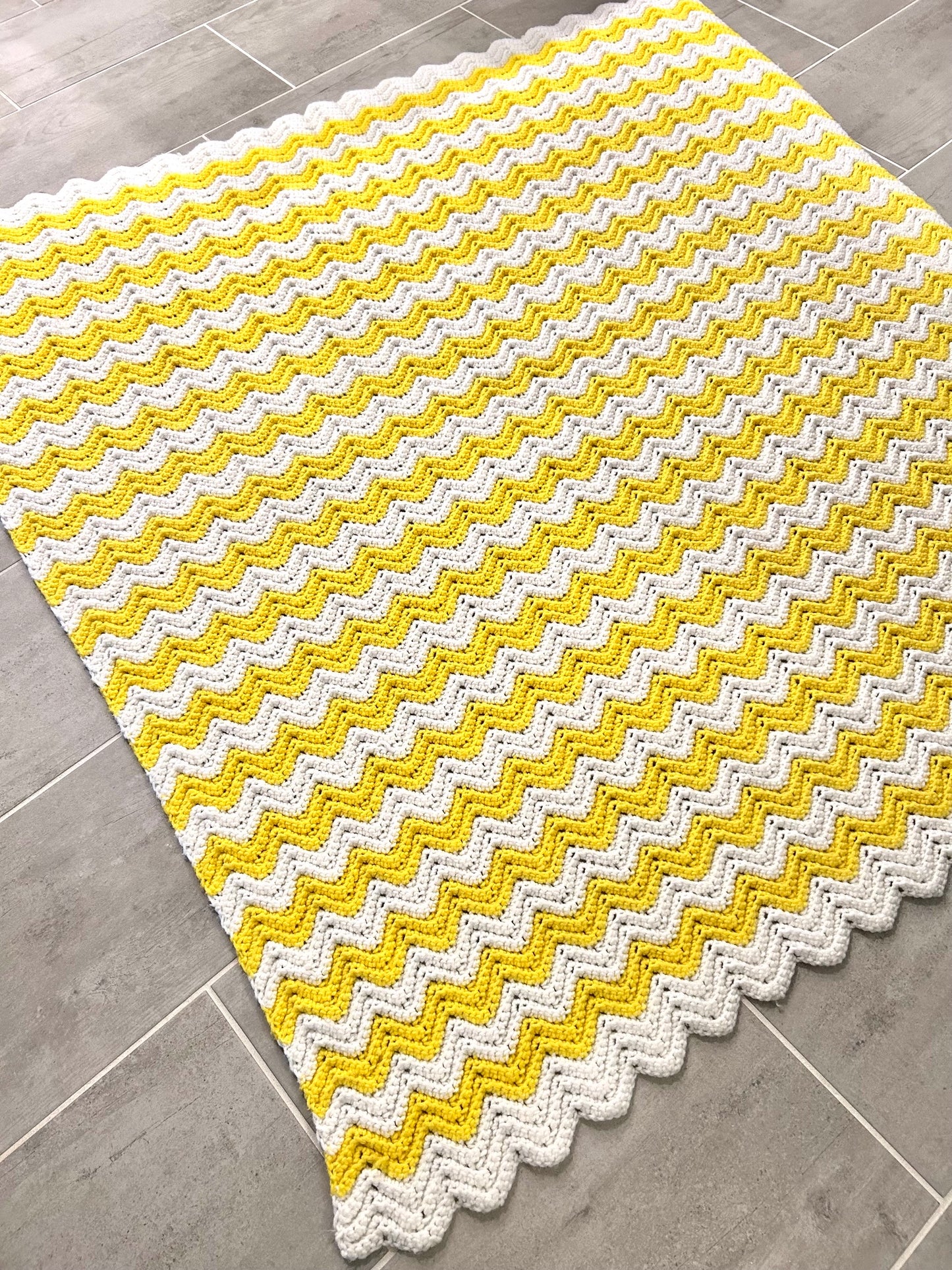 Crochet Afghan/ Lap Blanket - Ripple Pattern Yellow White - Handcrafted