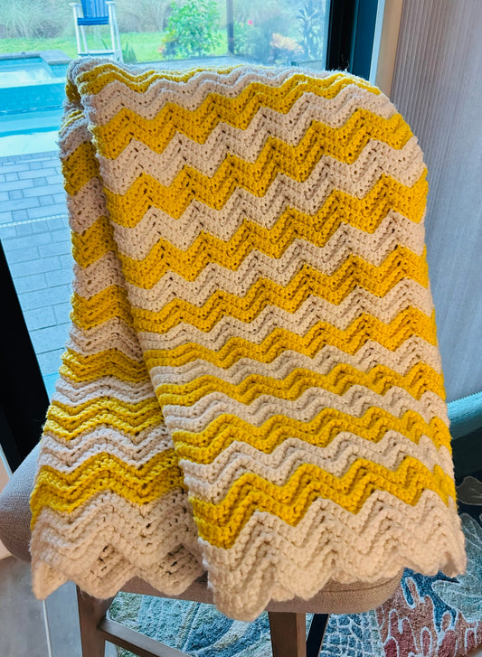 Crochet Afghan/ Lap Blanket - Ripple Pattern Yellow White - Handcrafted