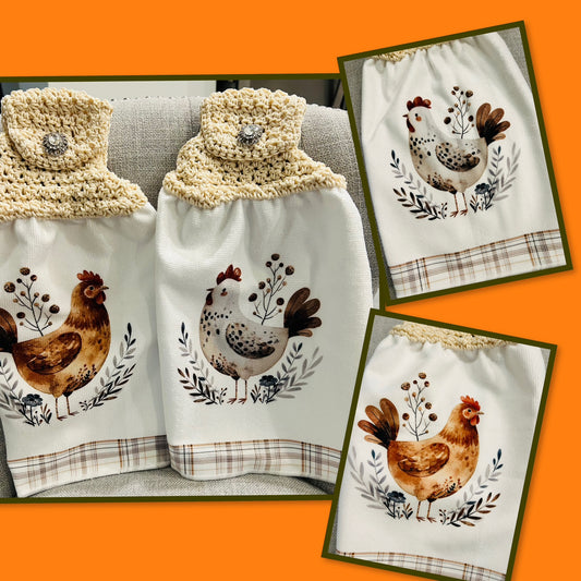 Chicken Hen Rooster| Crochet top kitchen towel | Farm Life Plaid White Jewel button | Home Decor Gift