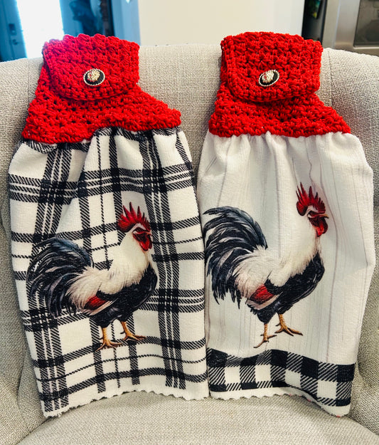 Chicken Hen Rooster| Crochet top kitchen towel | Farm Life | Red and Black Plaid | Home Decor Gift