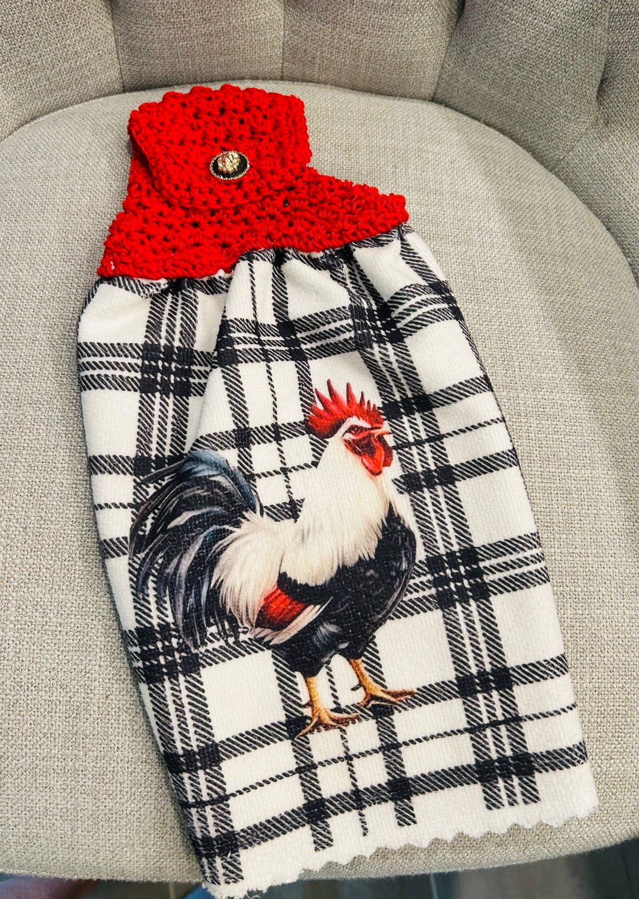 Chicken Hen Rooster| Crochet top kitchen towel | Farm Life | Red and Black Plaid | Home Decor Gift
